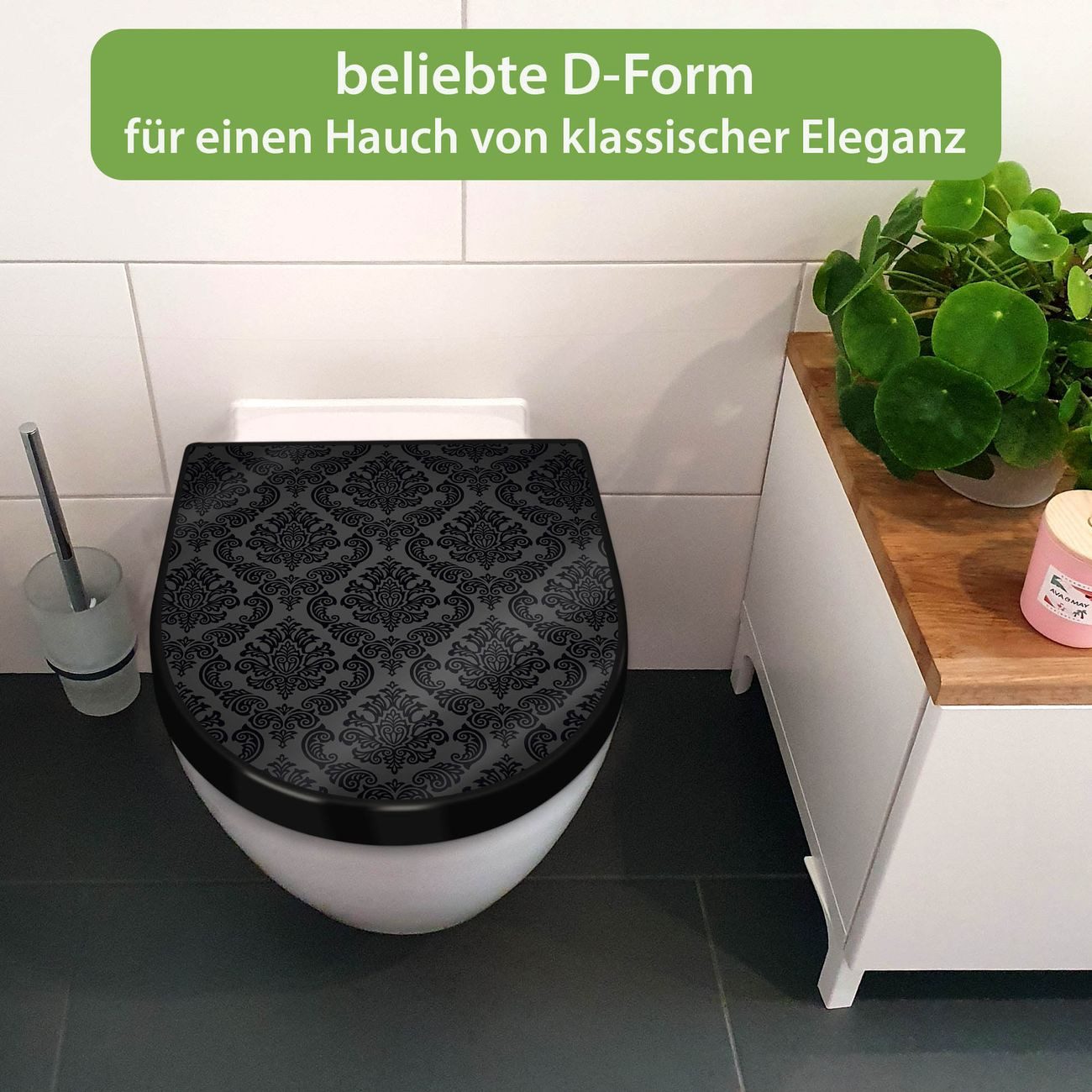 banjado WC-Sitz Premium D-Form mit Absenkautomatik Motiv Black Deluxe (umweltfreundliches Material, Softclose Absenkautomatik), 45 x 36,4 x 4