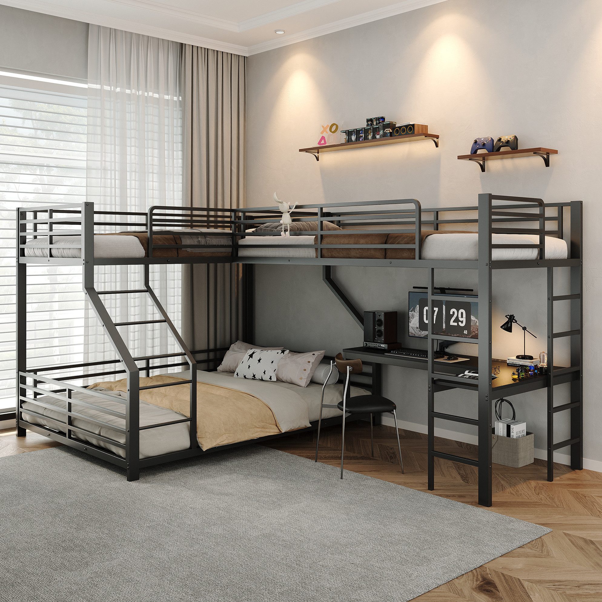 MODFU Etagenbett Hochbett Metall mit Schreibtisch – Multifunktionsbett Schwarz (Packung, 1-St., Eisenrahmen Konstruktion, USB/Type-C Steckdose, 3 Liegeflächen), 90 x 200 cm & 140 x 200 cm, Schlaf & Arbeitsbereich, ohne Matratze