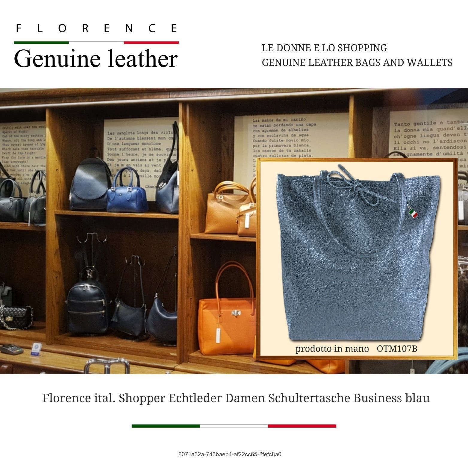FLORENCE Shopper Florence ital. Shopper Echtleder Damen (Schultertasche, Shopper), Damen Shopper, Schultertasche Leder, blau, Größe ca. 28cm