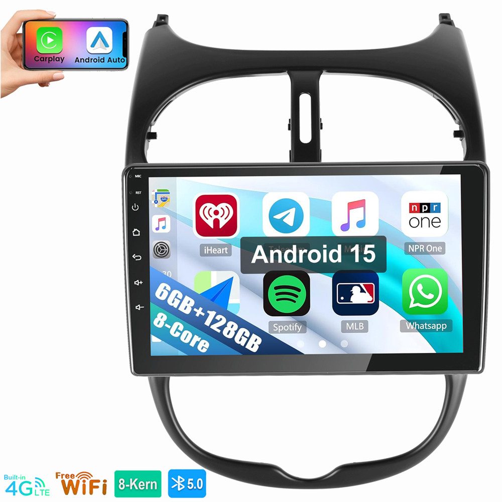 ESSGOO 8-Kern 6+128G Für PEUGEOT 206 206CC 206SW GPS BT 5.0 EQ Android 15 Autoradio (Digitalradio (DAB), RDS, FM, AM, Navi Carplay Android Auto BT EQ USB WIFI SWC)