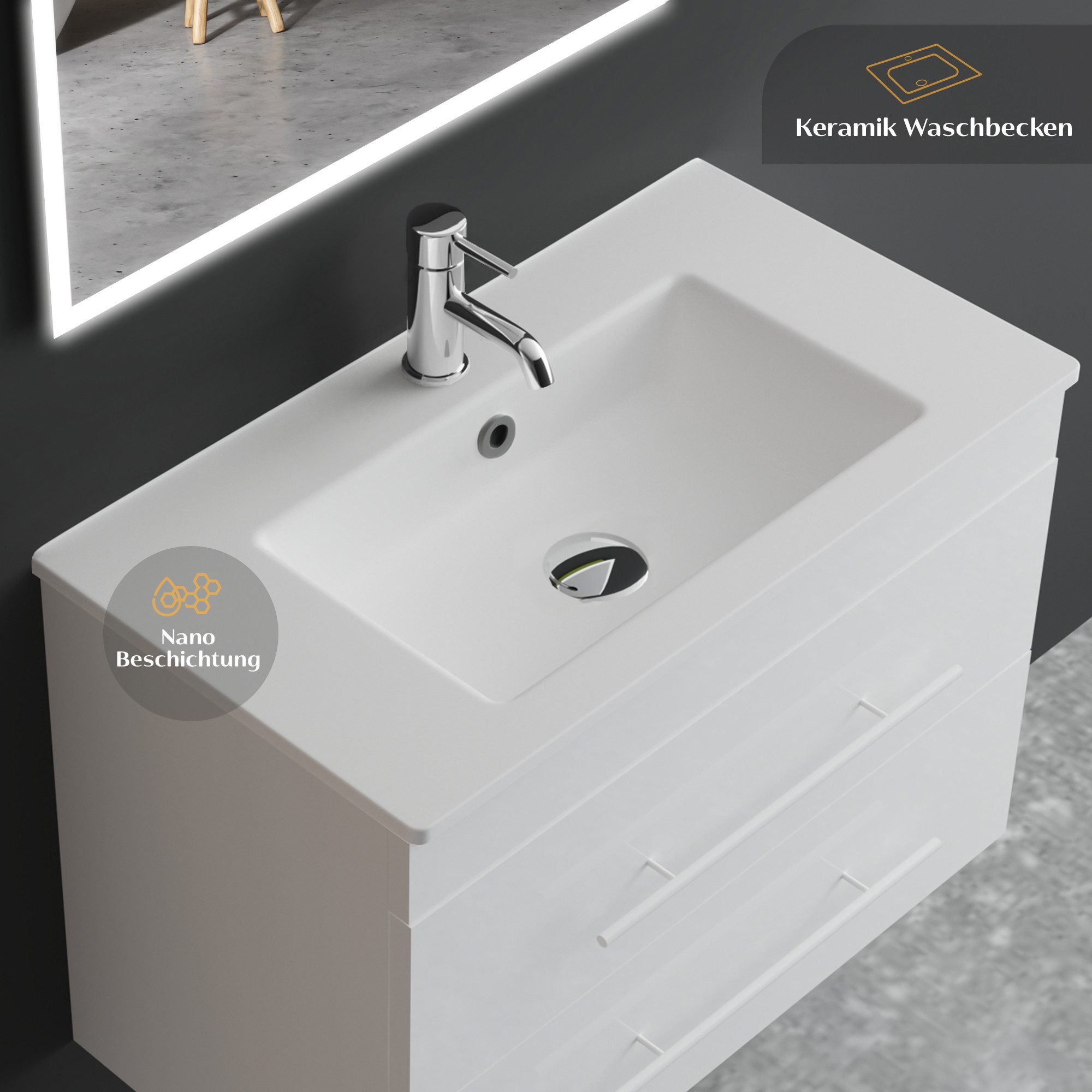 Alpenberger Badmöbel-Set Waschbecken mit Unterschrank - Waschbeckenunterschrank mit Schubladen, (Badezimmerschrank - Weiß, Schrank Badschrank - 70 cm), Gäste WC & Badezimmer Set - Waschtisch mit Nano