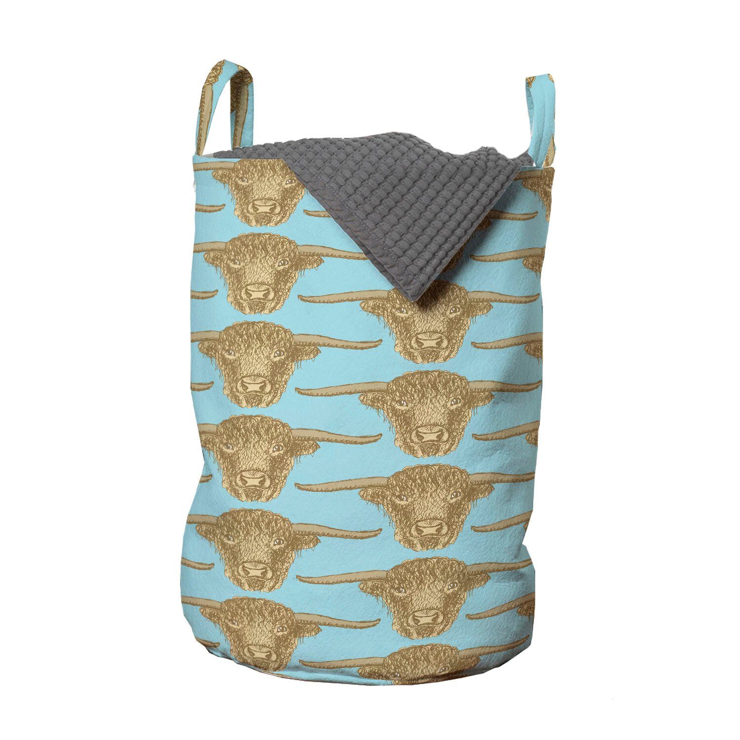 Wäschesäckchen für Wäschekorb Kordelzugverschluss mit Muster Kopf Bull Longhorn Griffen Abakuhaus Flüchtiges Waschsalons,