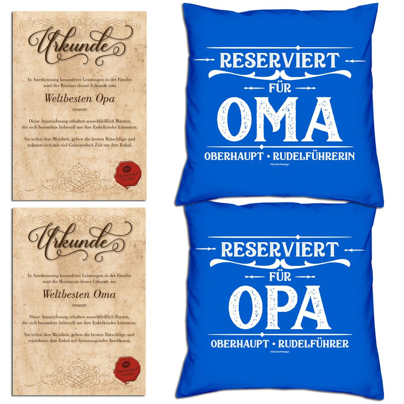 Soreso® Dekokissen Kissen-Set Reserviert für Opa Reserviert für Oma mit Urkunden, B/T 40x40 cm, mit Reißverschluss, komplett mit Füllung royal-blau
