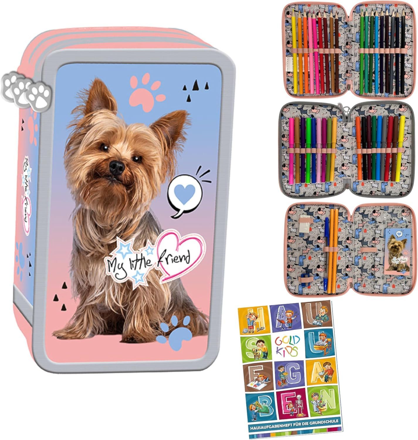 GOLDKIDS Federmäppchen 3 Fächer - Mäppchen für Mädchen, (Federmappe 3-Fach Federtasche, 1-tlg., Gefüllte Schüleretui), 43-teilig - Schulmäppchen Motiv - Hunde