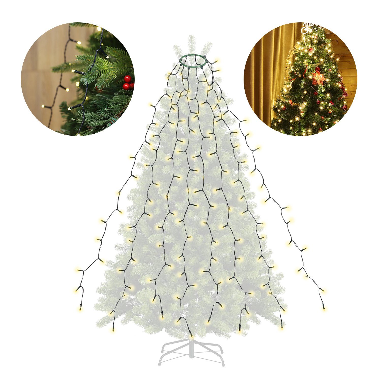 Salcar LED-Lichterkette LED Lichterkette Weihnachtsbaum mit Ring weihnachtsbaumbeleuchtung, Wasserdicht/ 9 Modi / 1,5m 8 Girlanden für 90cm - 150cm Tannenbaum