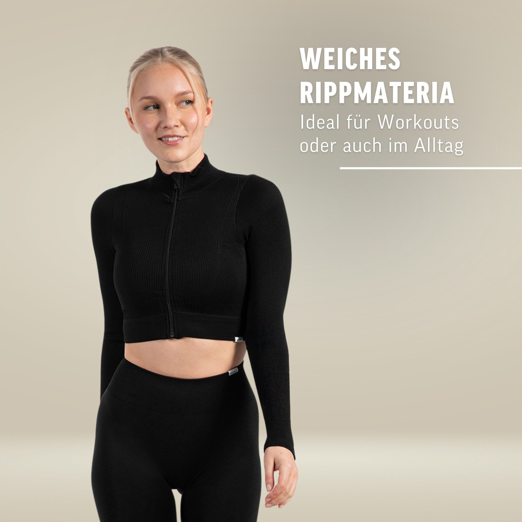 Smilodox Trainingsjacke Zeya, Size Up empfohlen, Crop Sportjacke Slim Fit, hoher Kragen Figurbetonte Laufjacke, Zip-Jacke Rippstruktur & Stretch, Workout Yoga