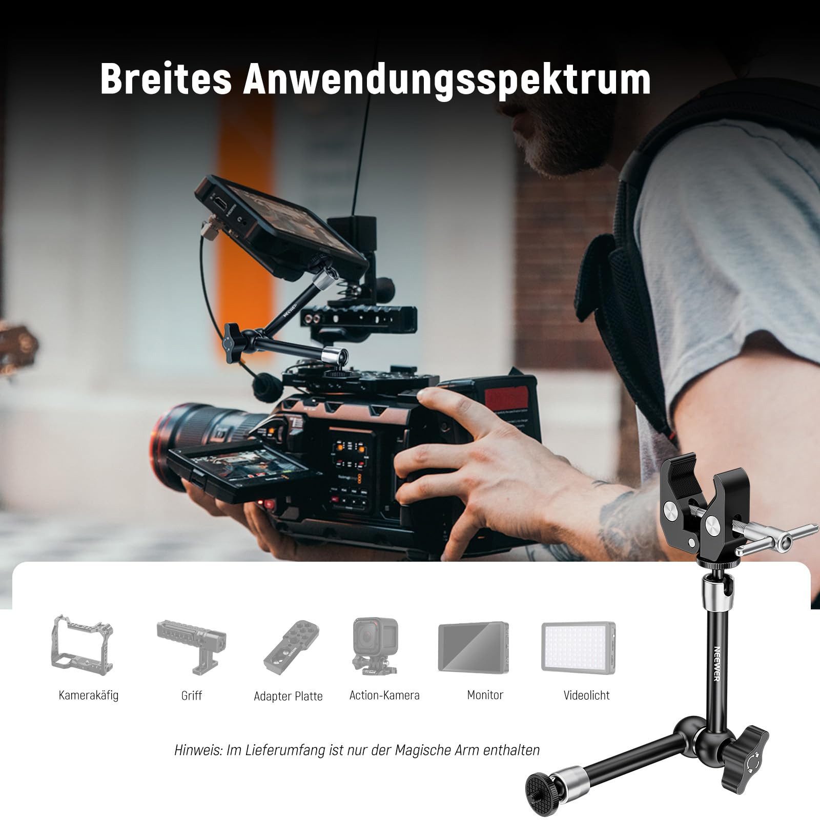Neewer Kamerahalterung ST25C 25cm Magic Arm mit Super Clamp für Kamera & Licht, max. 2kg, (Packung, LochmaB Befestigung:1/4) – Bild 2 von 5