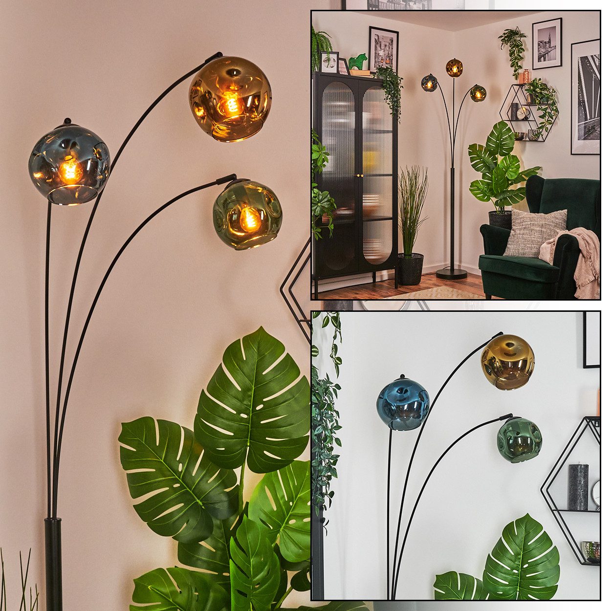 hofstein Stehlampe Stehlampe aus Metall/Glas in Schwarz/Blau/Grün/Goldfarben, verstellbare Stehleuchte im Vintage-Design, Fußschalter, 210 cm, 3xE14