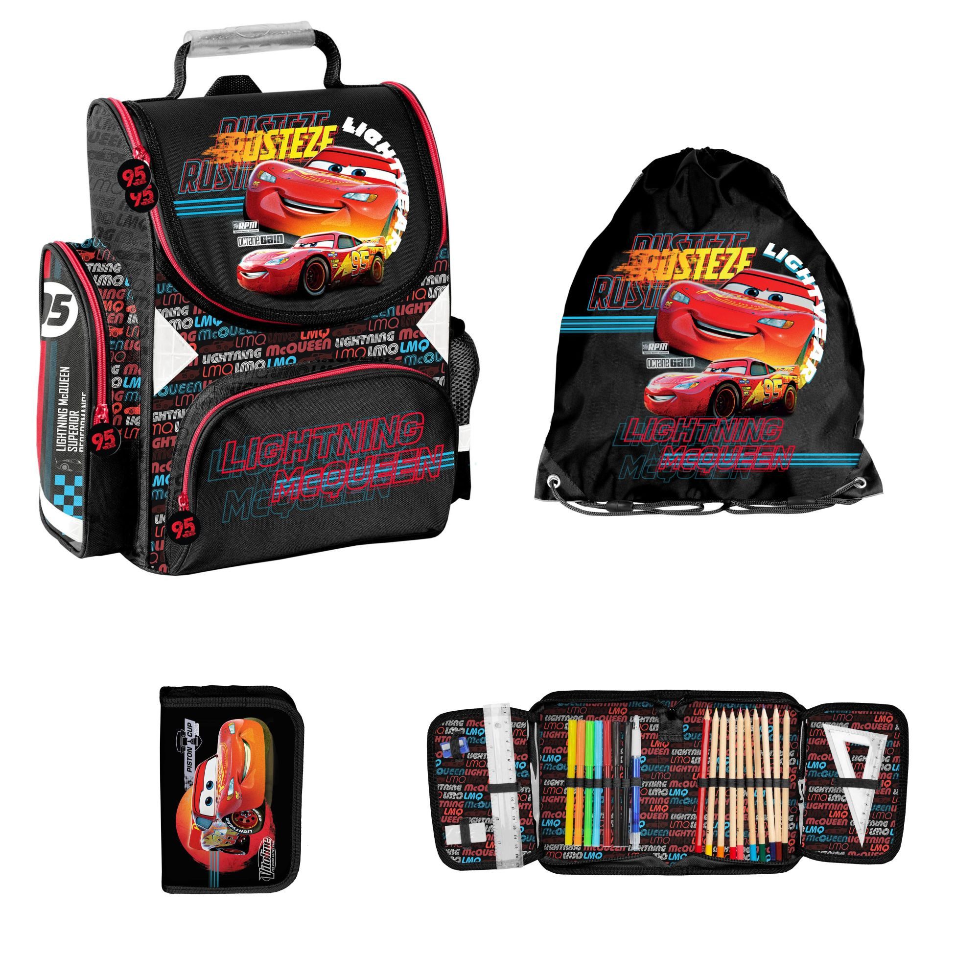 PASO Ранцы SCHULSET: SCHULRANZEN, TURNBEUTEL, BEFÜLLTE FEDERMAPPE, CARS RUST-EZE (3-teilig), schwarz, rot, bunt