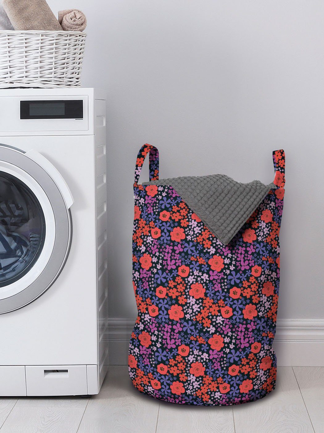 Waschsalons, Wäschekorb für mit Kordelzugverschluss Abakuhaus Blüten Wäschesäckchen Griffen Retro Wiese Botanischer