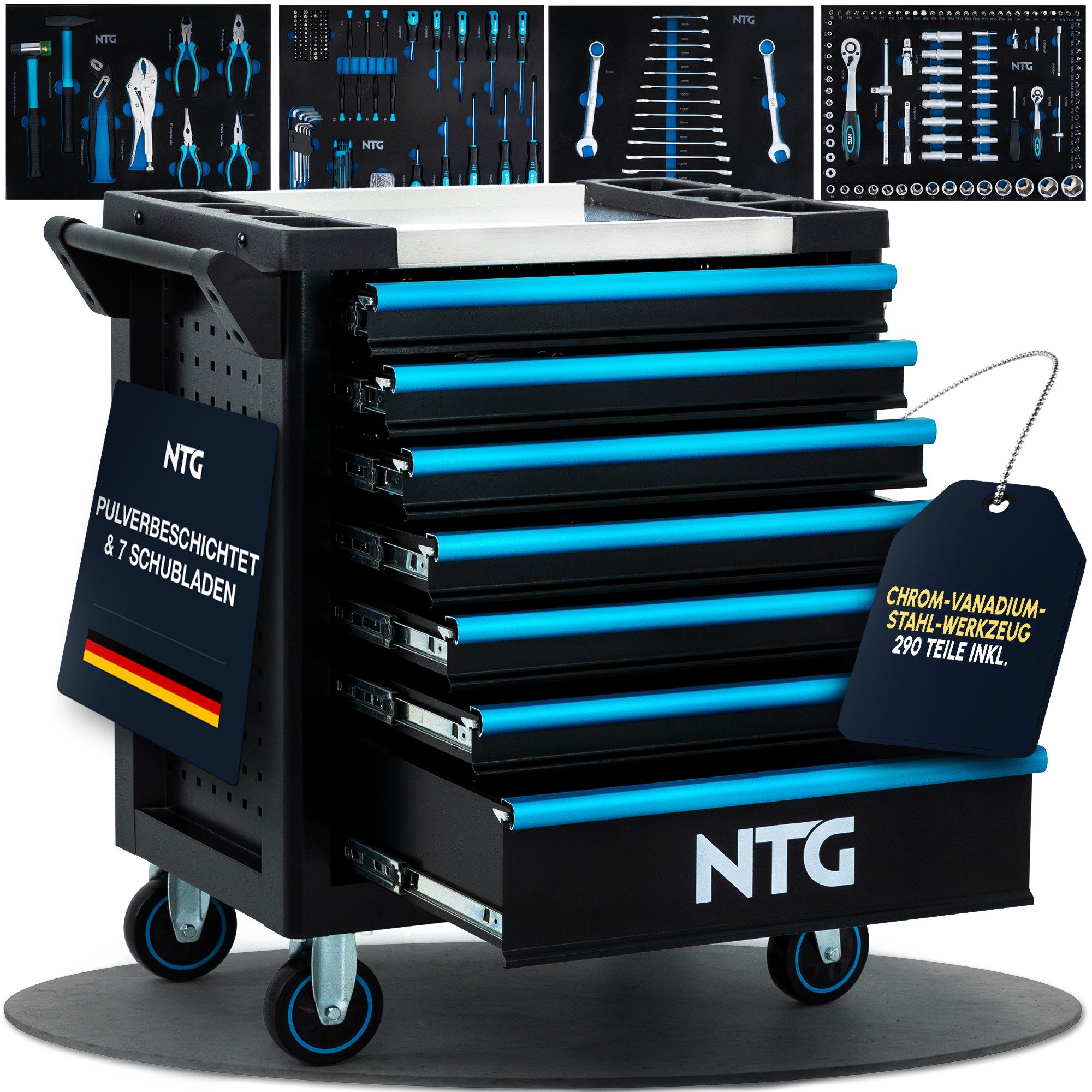 NTG Nutzfahrzeug Technik GmbH Werkzeugwagen 7 Schubladen 290-tlg abschließbar 7 Schubladen + auf Rollen, Blackline, max. Traglast:450 kg, 290-tlg. Werkzeugset, (290-tlg)