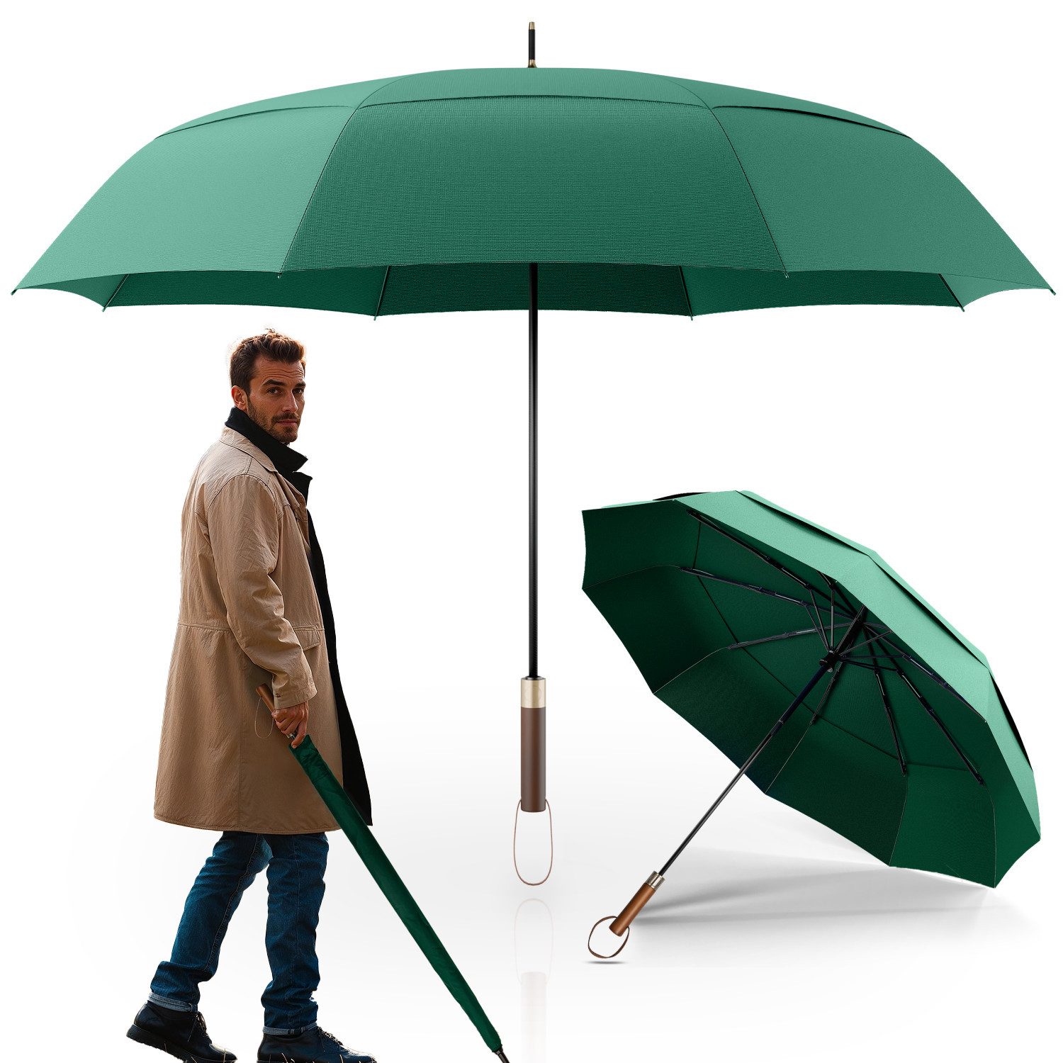 Logan & Barnes Stockregenschirm Chicago, Stockschirm sturmfest [Ø120 cm] mit hochwertigem Echtholzgriff