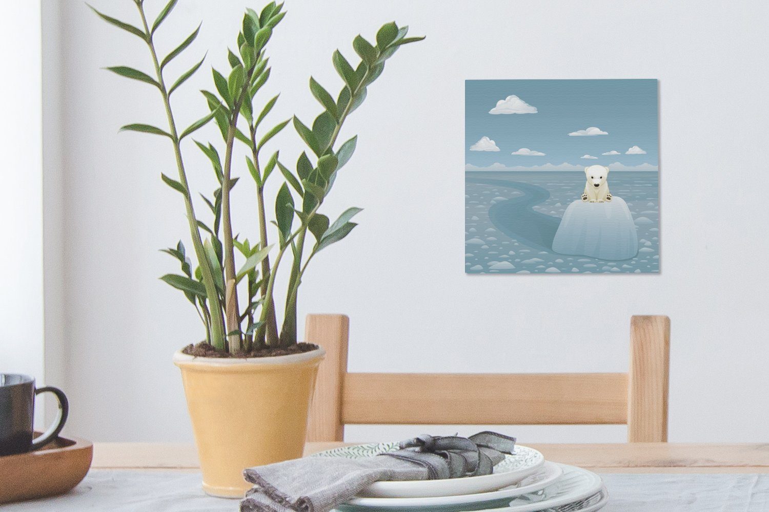 Illustration Wohnzimmer St), jungen Leinwandbild Schlafzimmer für OneMillionCanvasses® (1 Leinwand Eisblock, eines Bilder Eisbären auf einem