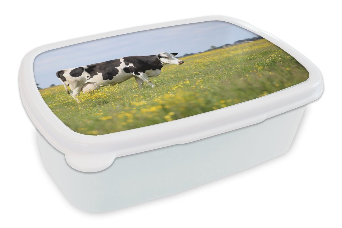 MuchoWow Lunchbox Kuh - Gras - Blumen, Kunststoff, (2-tlg), Brotbox für Kinder und Erwachsene, Brotdose, für Jungs und Mädchen weiß