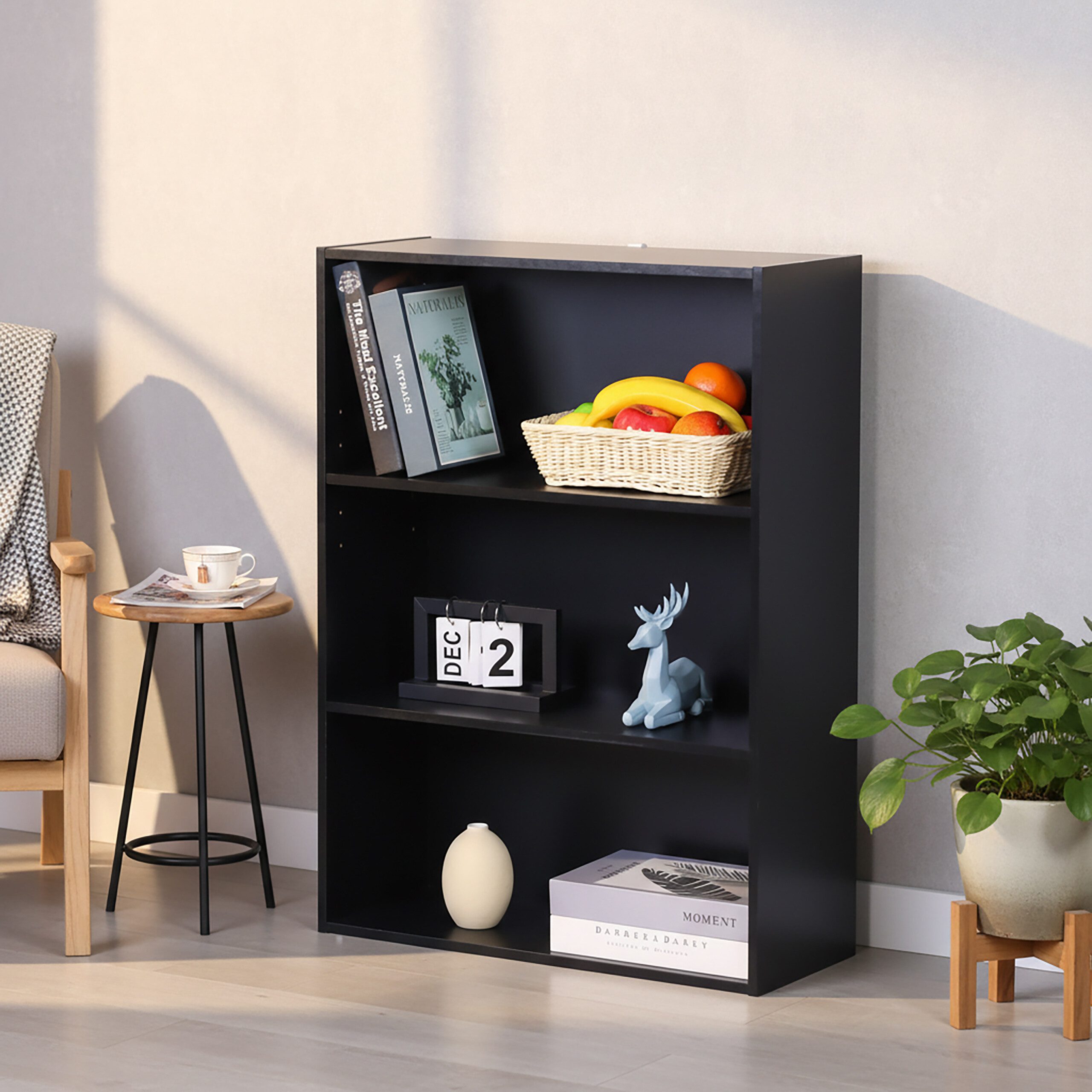 relaxdays Bücherregal mit verstellbaren Böde, schwarz, 3 Ebenen