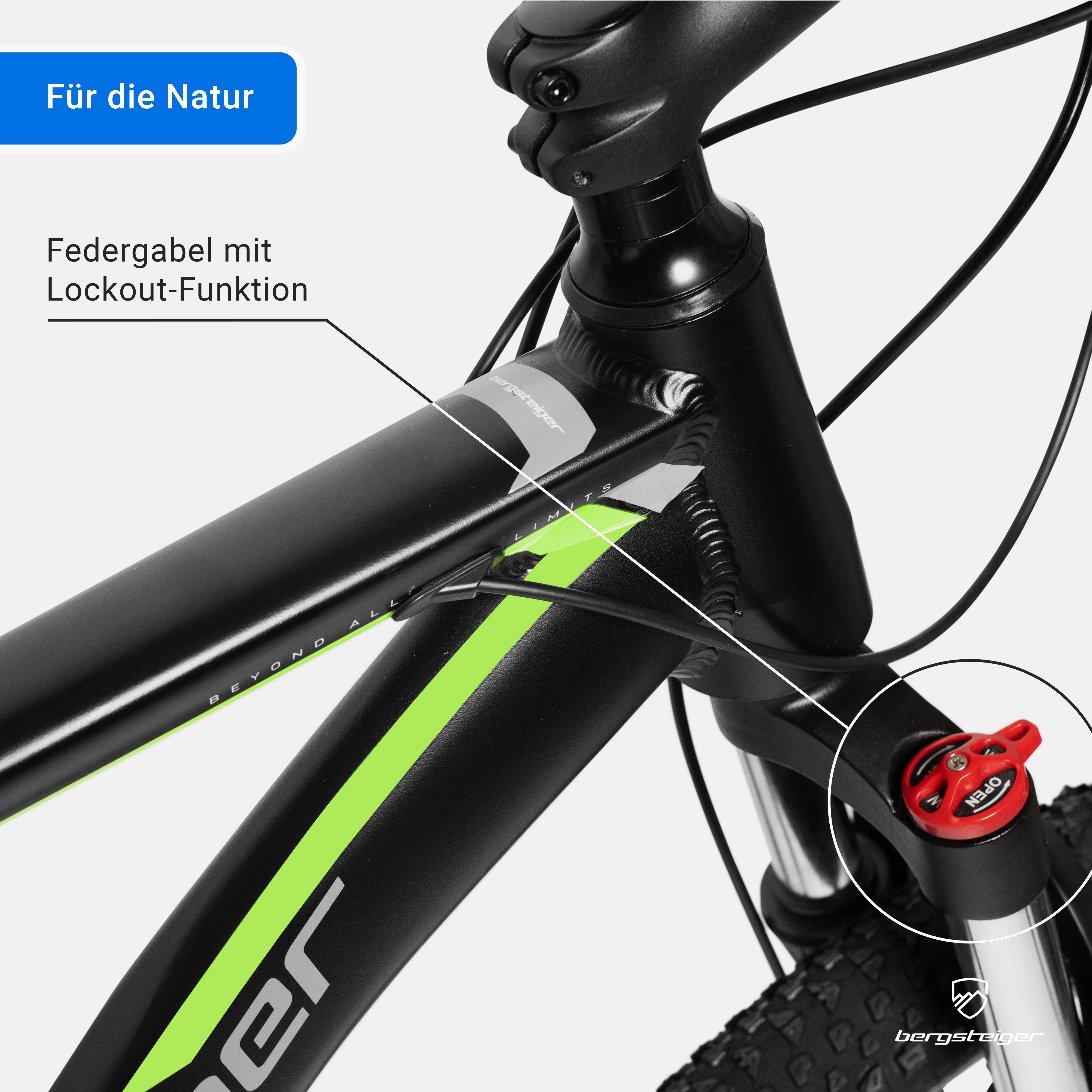bergsteiger Mountainbike Makalu 26, 29 Zoll Mountainbike Alu, geeignet ab 150 cm, Damen, Herren, 21 Gang Shimano Tourney RD-TY300 Schaltwerk, Kettenschaltung, Scheibenbremsen