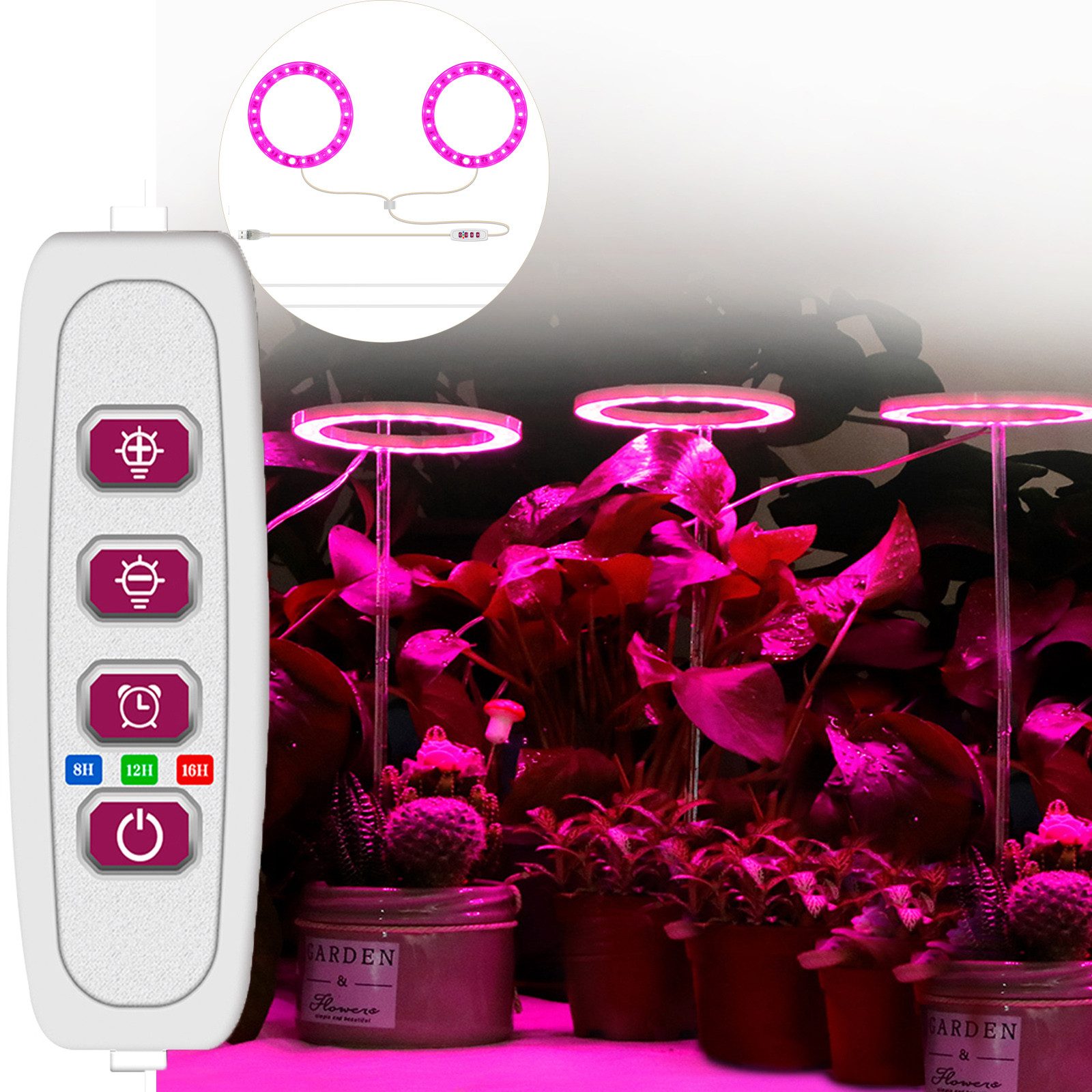 MUPOO Pflanzenlampe LED Pflanzenlampe, Timer Pflanzenlicht, 20-80 LEDs Pflanzenleuchte, USB, 2 Ringe, LED fest integriert