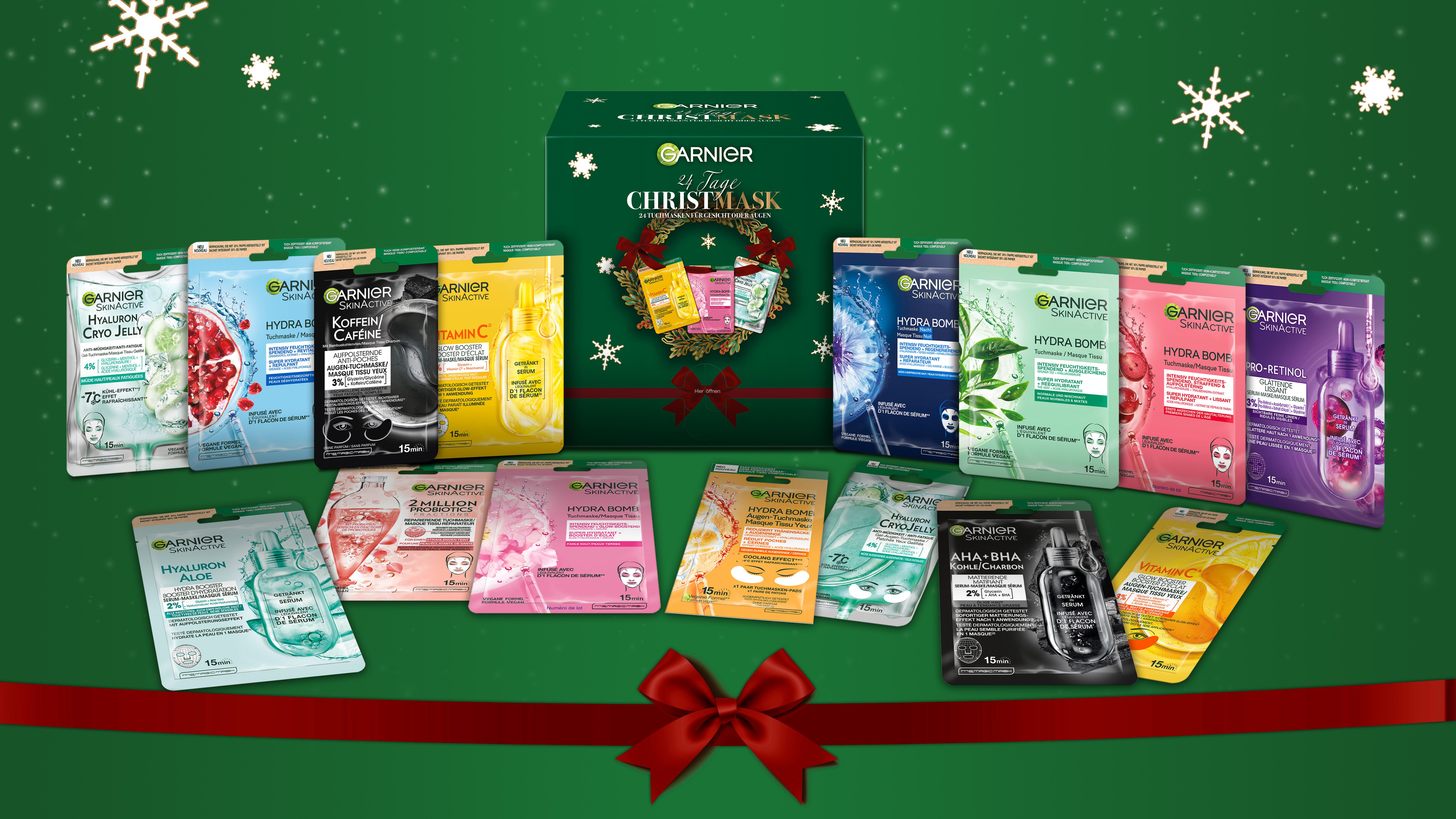 GARNIER Kosmetik-Adventskalender Garnier Tuchmasken 24er Adventskalender, mit Hyaluron, entspannend