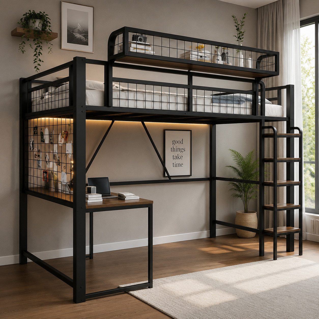 BlingBin Hochbett Jugendbett Metallbett mit Schutzgeländer und Schreibtisch,90 x 200 cm (2 Packung, 1-St., LED-Beleuchtung und Steckdose, Mit Leiter, Schwarz) Mit Kreativem Aufbewahrungsnetz, Abnehmbarem Ablagekorb