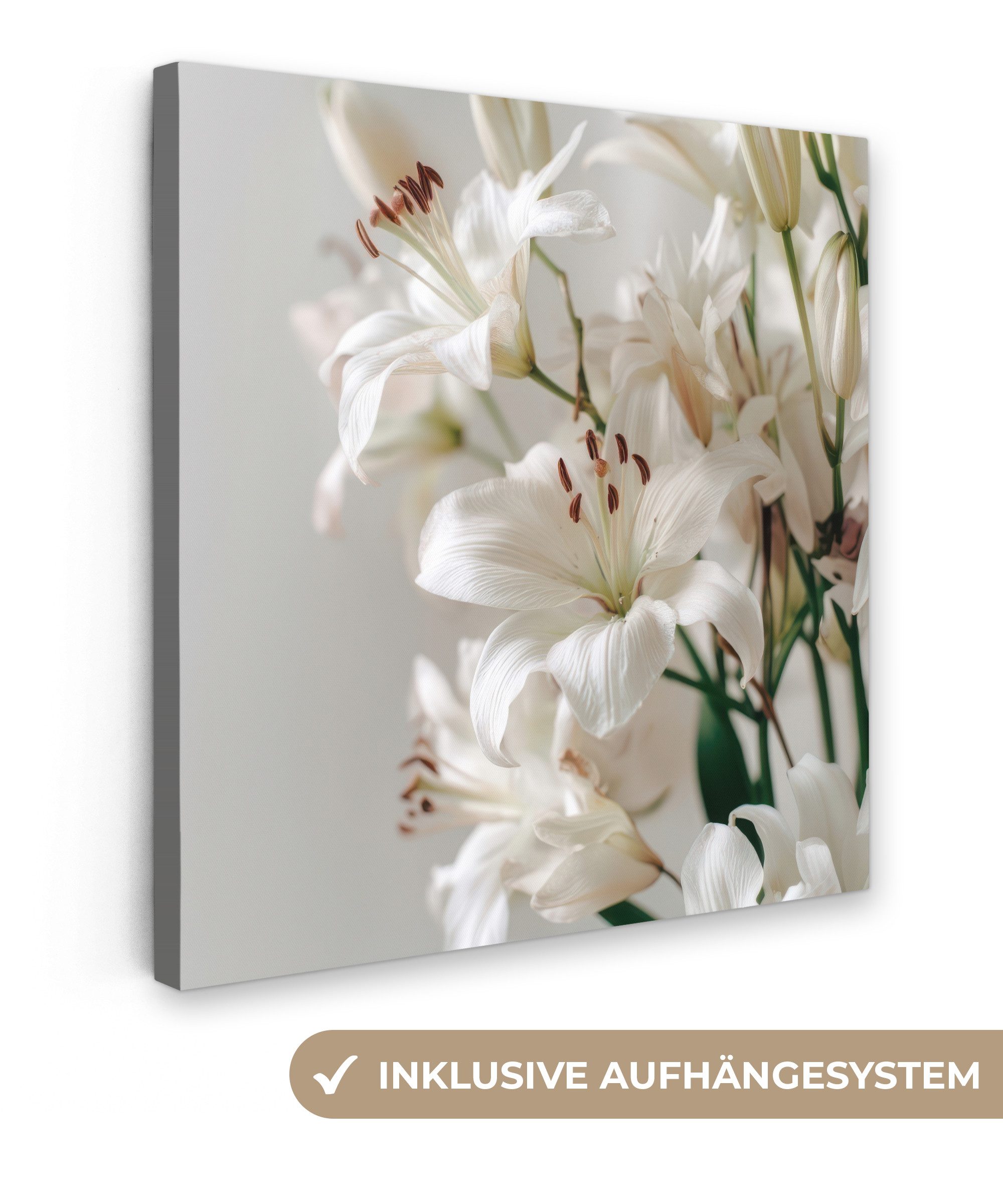 OneMillionCanvasses® Leinwandbild Lilien - Boekte - Weiß - Staubgefäße, Fotodruck (1 St), Wandbild, Deko Schlafzimmer Wohnzimmer Flur 20x20 cm