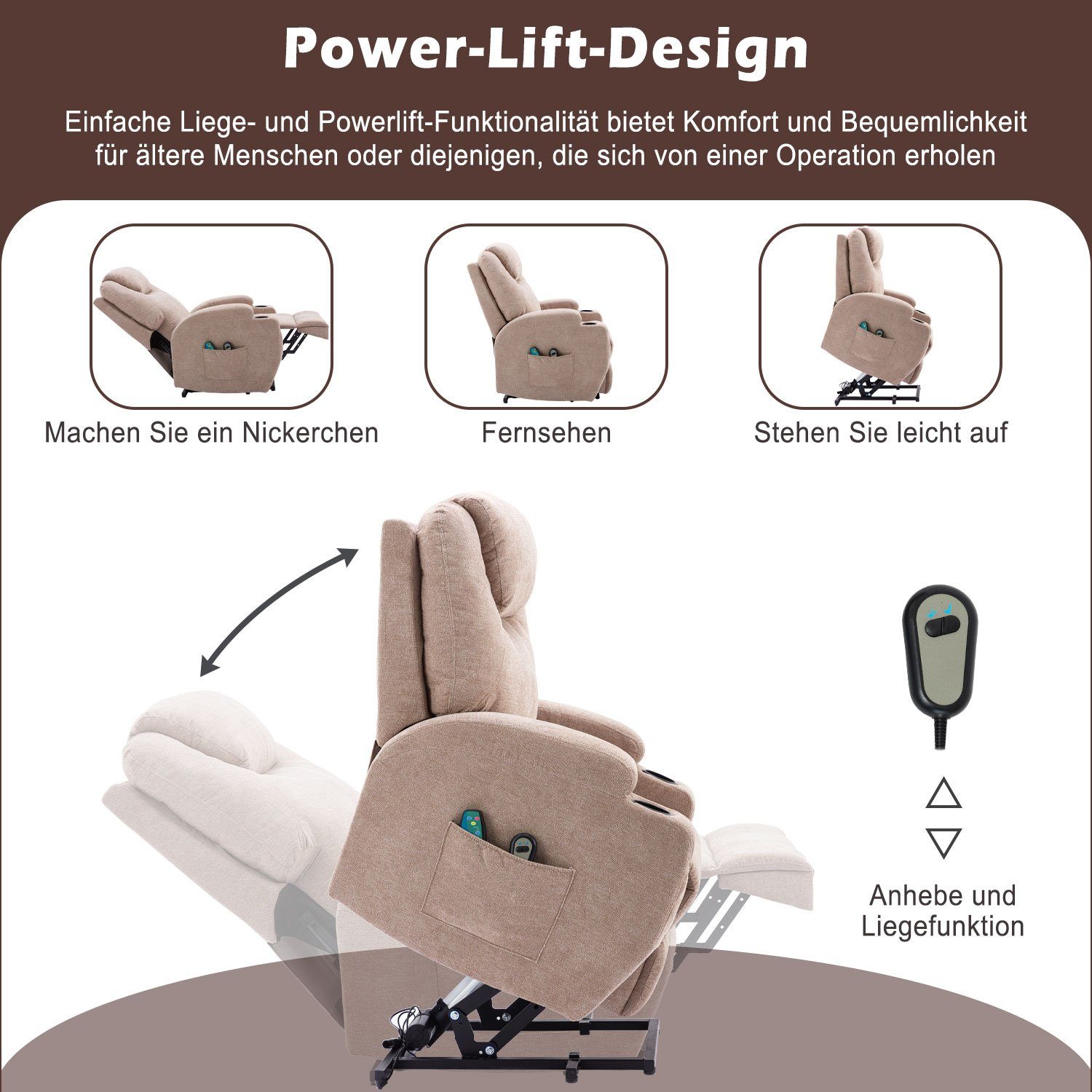 (Liegefunktion, kg Fernsehsessel Wärmefunktion Aufstehhilfe, | CAT Hellbraun Hellbraun Hellbraun PHOEBE und 130 bis | TV-Sessel Vibrationsmassage), belastbar mit zu