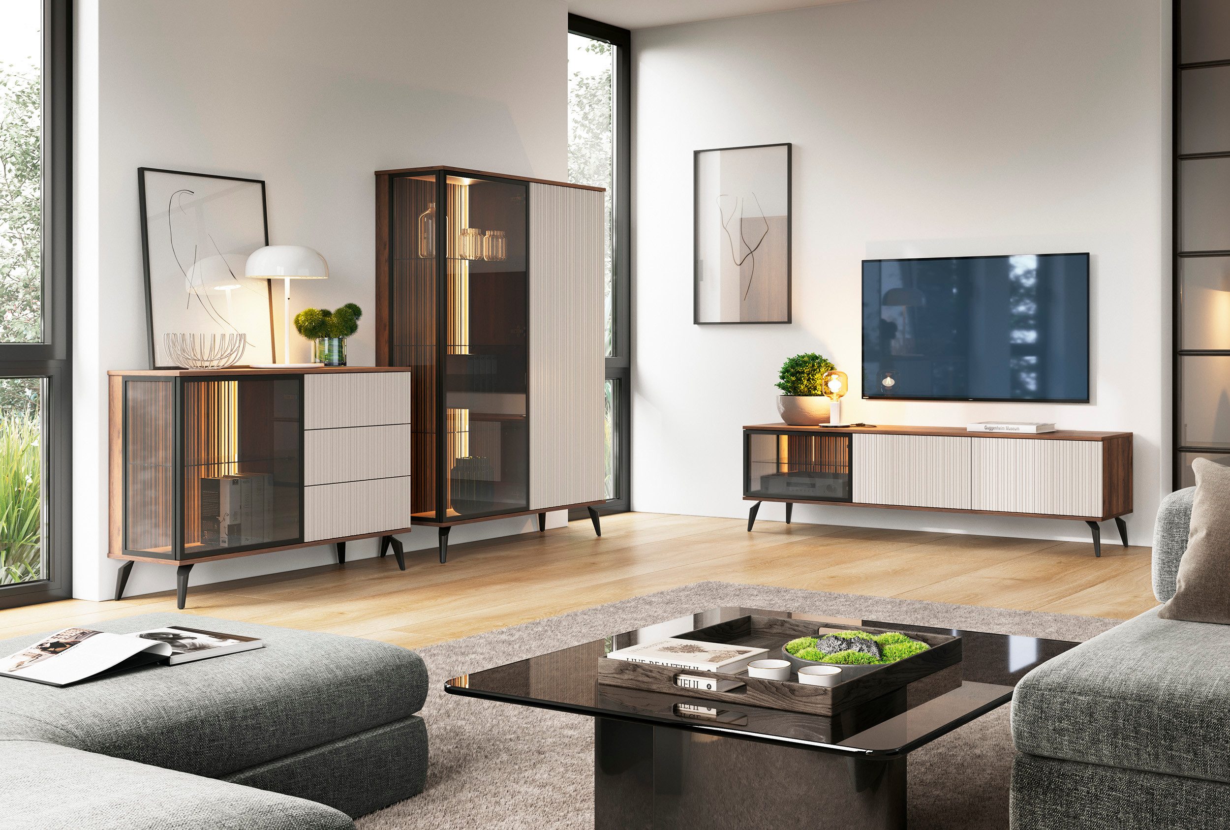 yourhouse24 Vitrine Vici mit LED-Beleuchtung Kaschmir/Walnuss