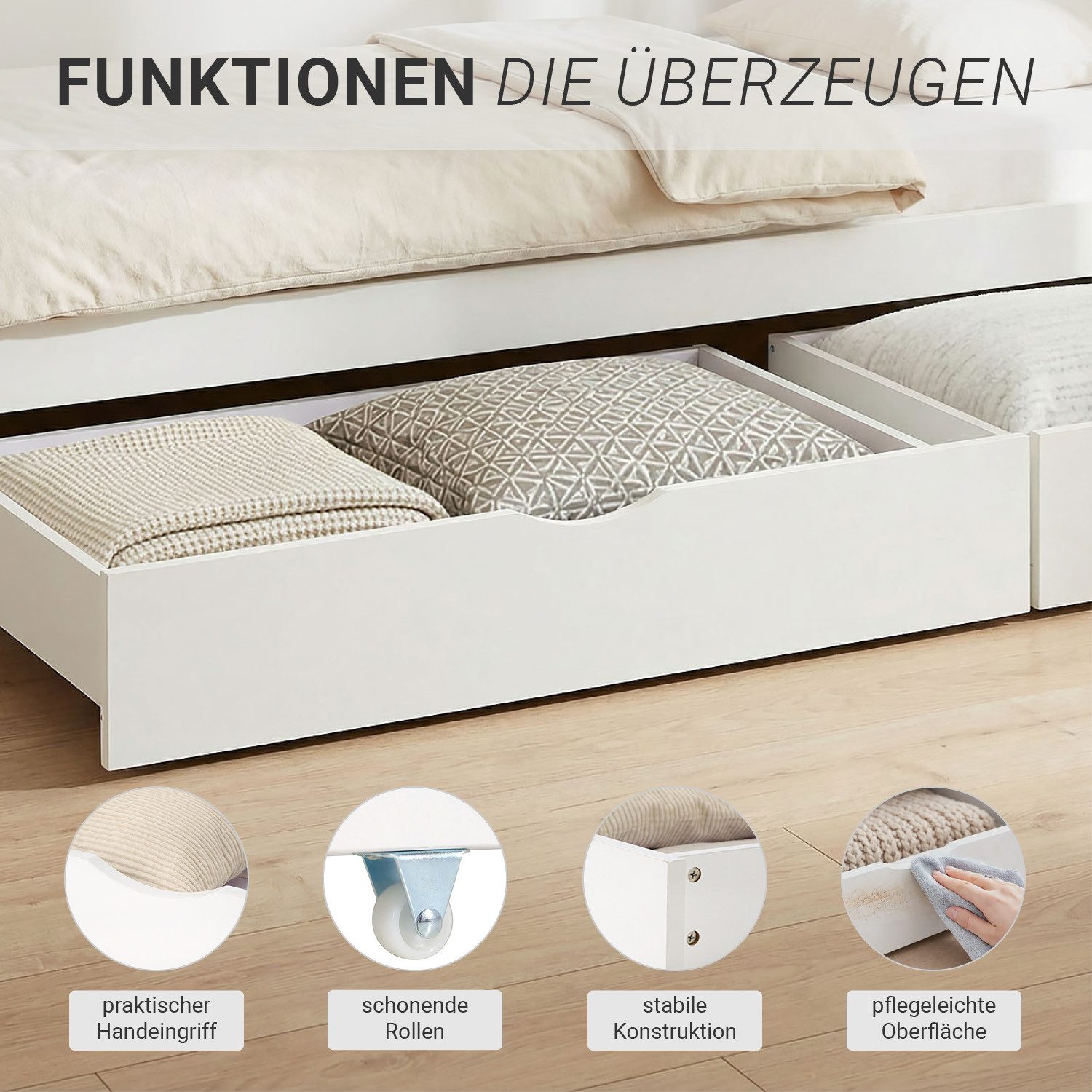 Homestyle4u Bettschubkasten Set mit Rollen 94x63,5x19 Bettkasten Holz Schublade Weiß Aufbewahrung