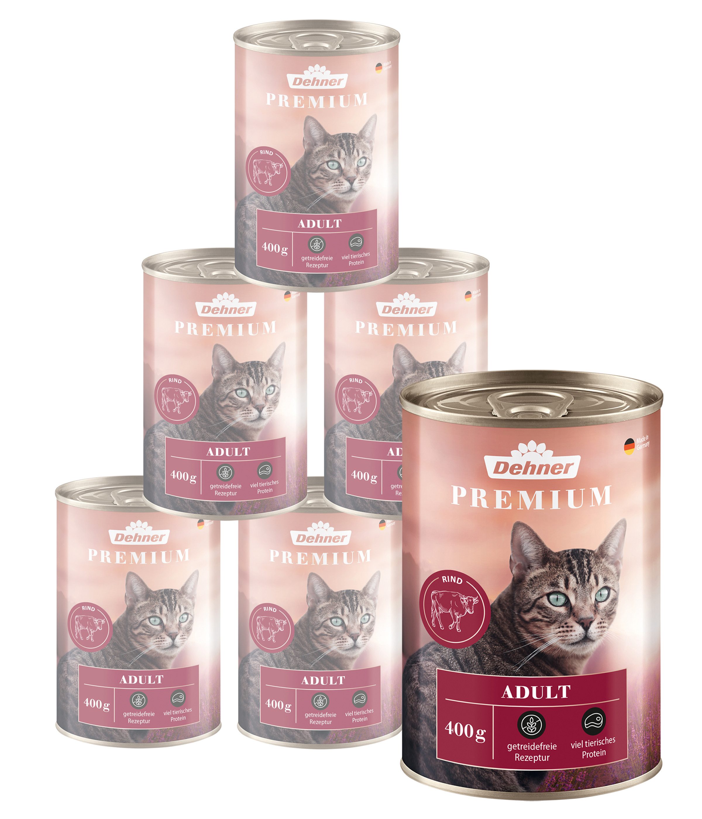 Dehner Premium Adult Geflügel, versch. Sorten, 6 x 400 g Dose (2.4 kg) Rind, Nassfutter für: Katze, Nassfutter für ausgewachsene Katzen, getreidefrei