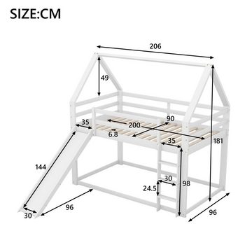 Flieks Etagenbett (mit rechtwinkliger Leiter und Rutsche), Hochbett Kiefernholz Kinderbett mit oberem Lattenrost 90*200cm