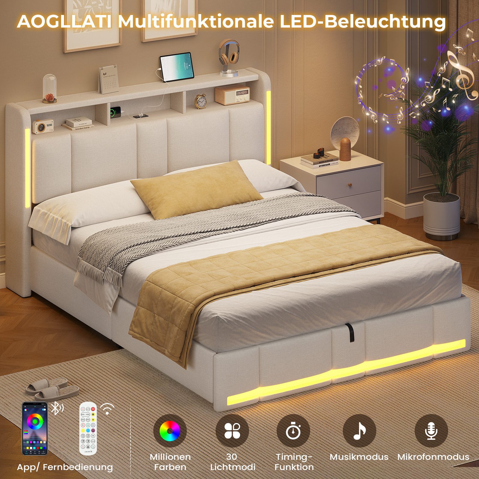MSMASK Polsterbett mit Steckdosen & LED Beleuchtung, Stauraum und Kopfteil – Bild 5 von 5