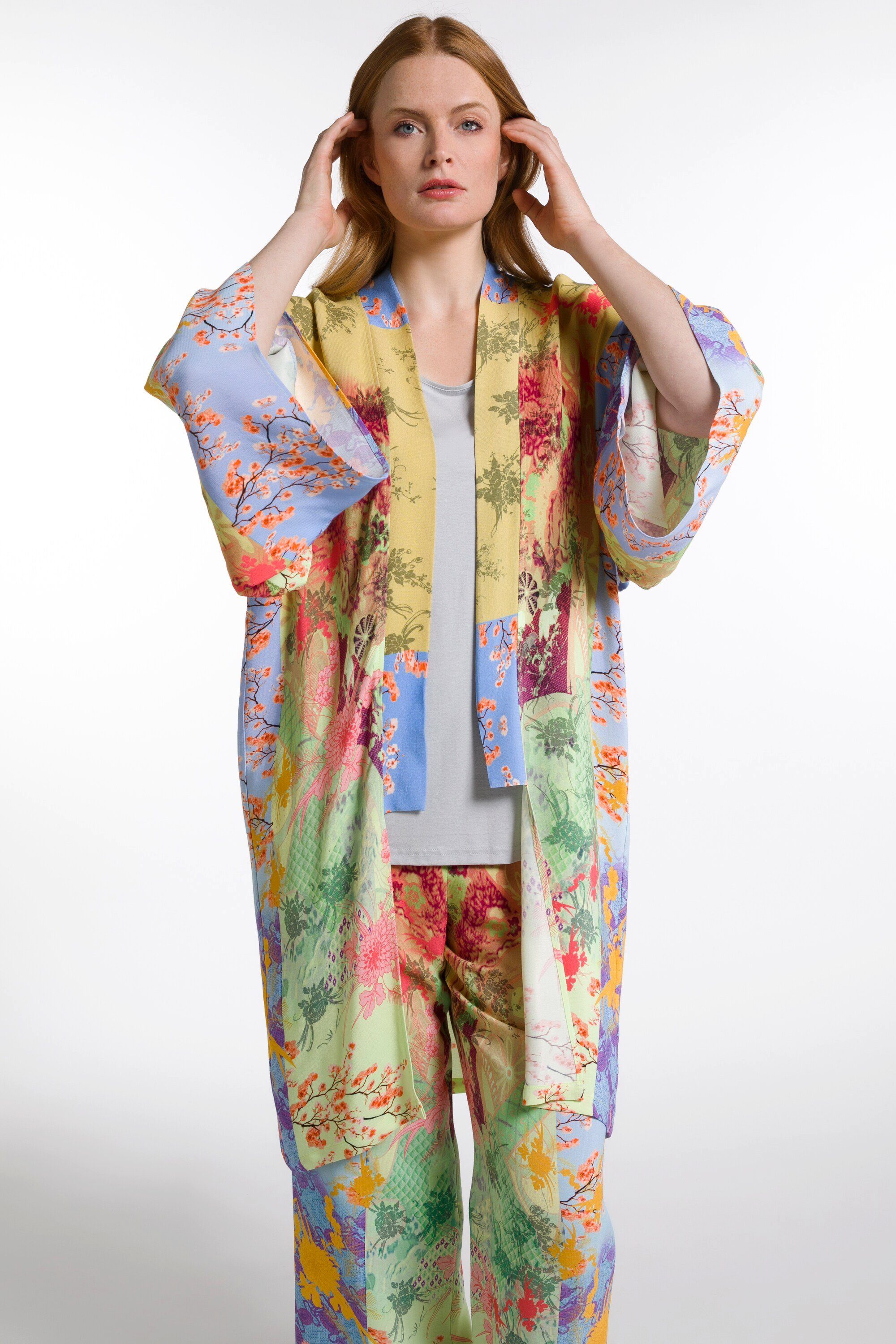 Damen Jacken Ulla Popken Blusenjacke Kimono exotischer Druck offene Form 3/4-Arm