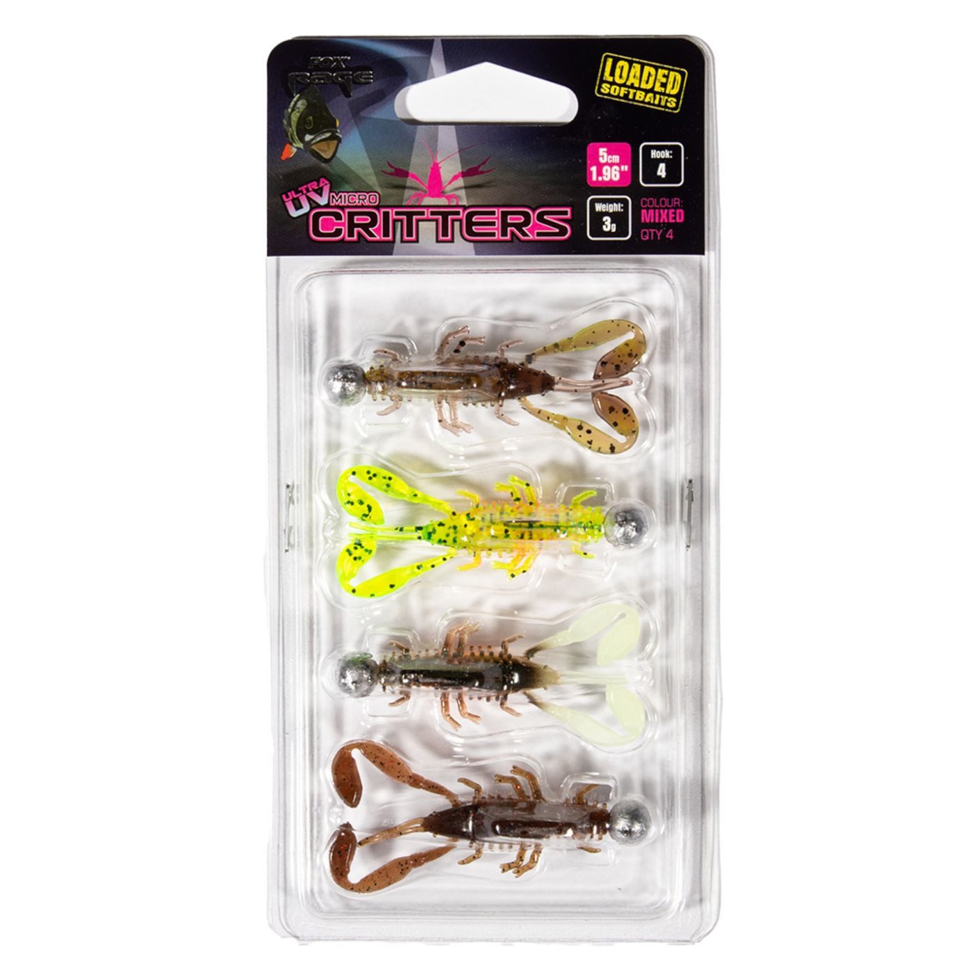 Fox Rage Kunstköder Fox Rage UV Micro Critter 5cm Loaded 3g - 4 montierte Gummikrebse