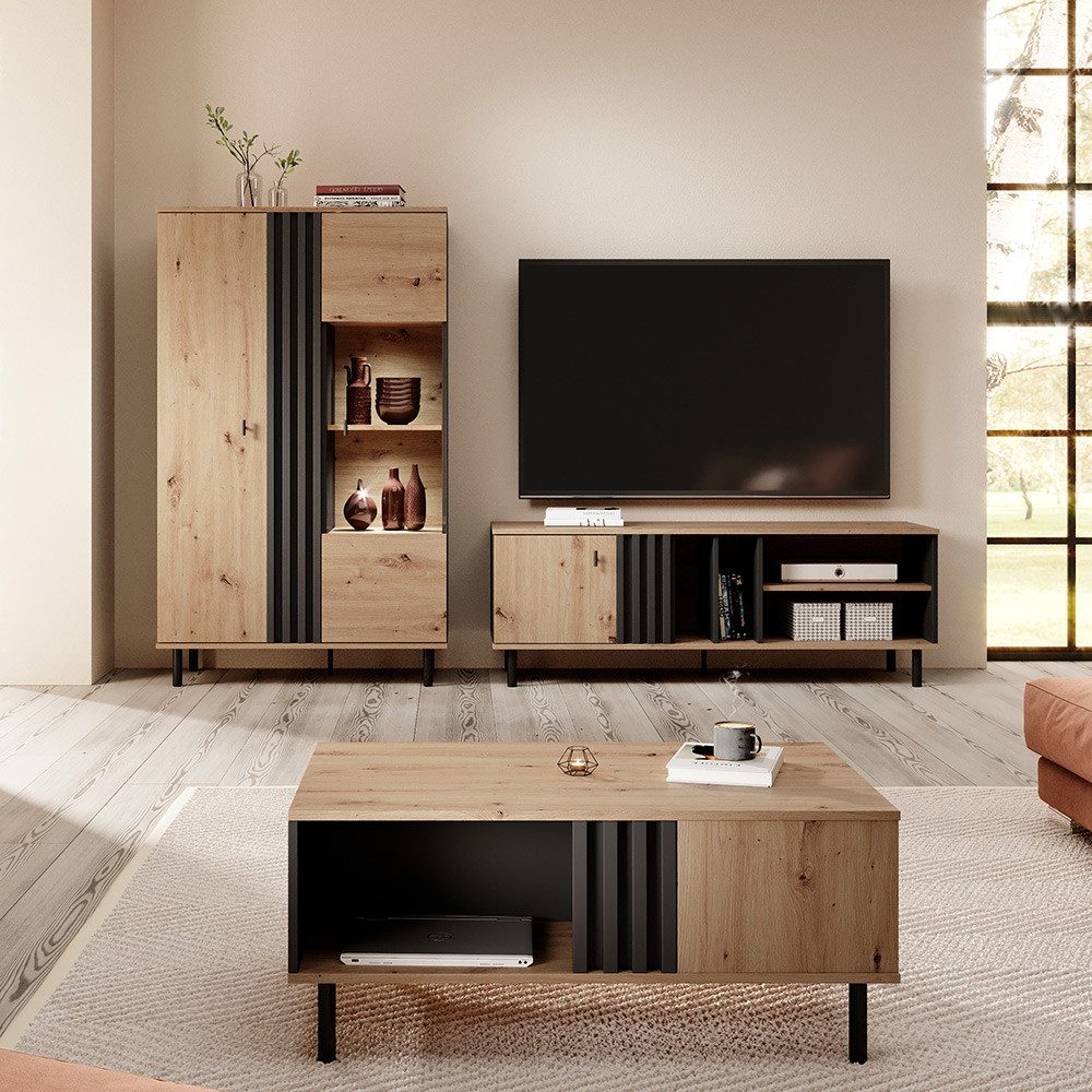 Lomadox Wohnzimmer-Set MATTAWA-167, (Mega-Spar-Set, 3-St., Couchtisch Highboard Lowboard), Wohnwand, Eiche Dekor mit Couchtisch und Beleuchtung