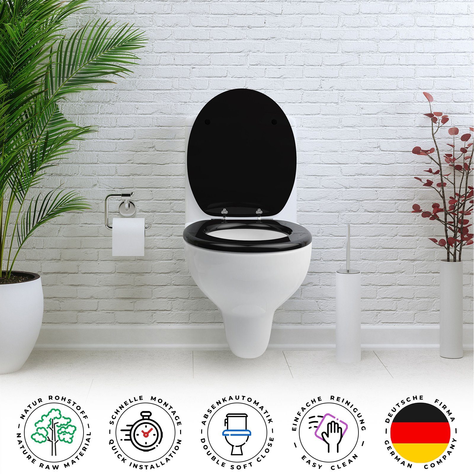 Sanfino WC-Sitz "All Black“ Premium Toilettendeckel mit Absenkautomatik aus Holz, bunter WC Sitz mit Motiv, hoher Sitzkomfort, einfache Montage – Bild 4 von 5