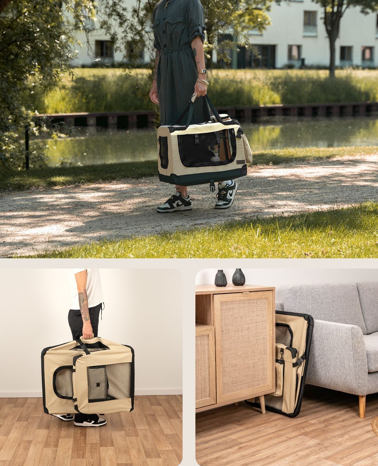 lionto Tiertransportbox stabil aus Textil, für Hunde und Katzen bis 10 kg, 50x36x34 cm, beige