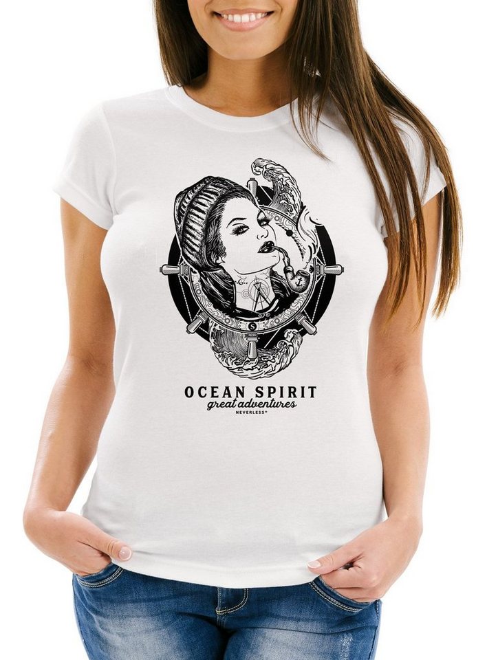 Neverless Print-Shirt Damen T-Shirt Woman Sailor Captain Pin-Up Kapitän  Slim Fit Neverless® mit Print