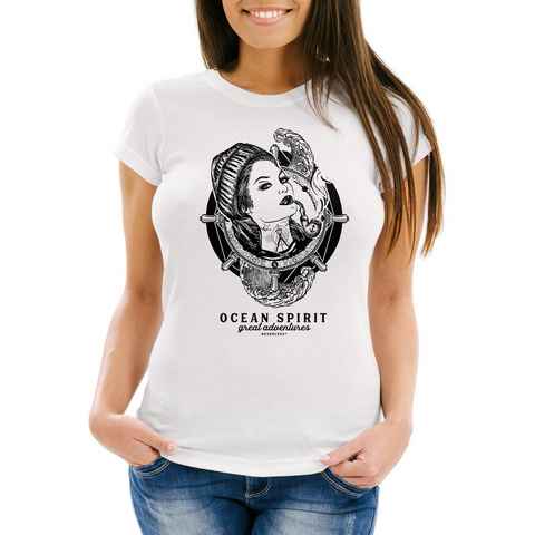 Neverless Print-Shirt Damen T-Shirt Woman Sailor Captain Pin-Up Kapitän Slim Fit Neverless® mit Print