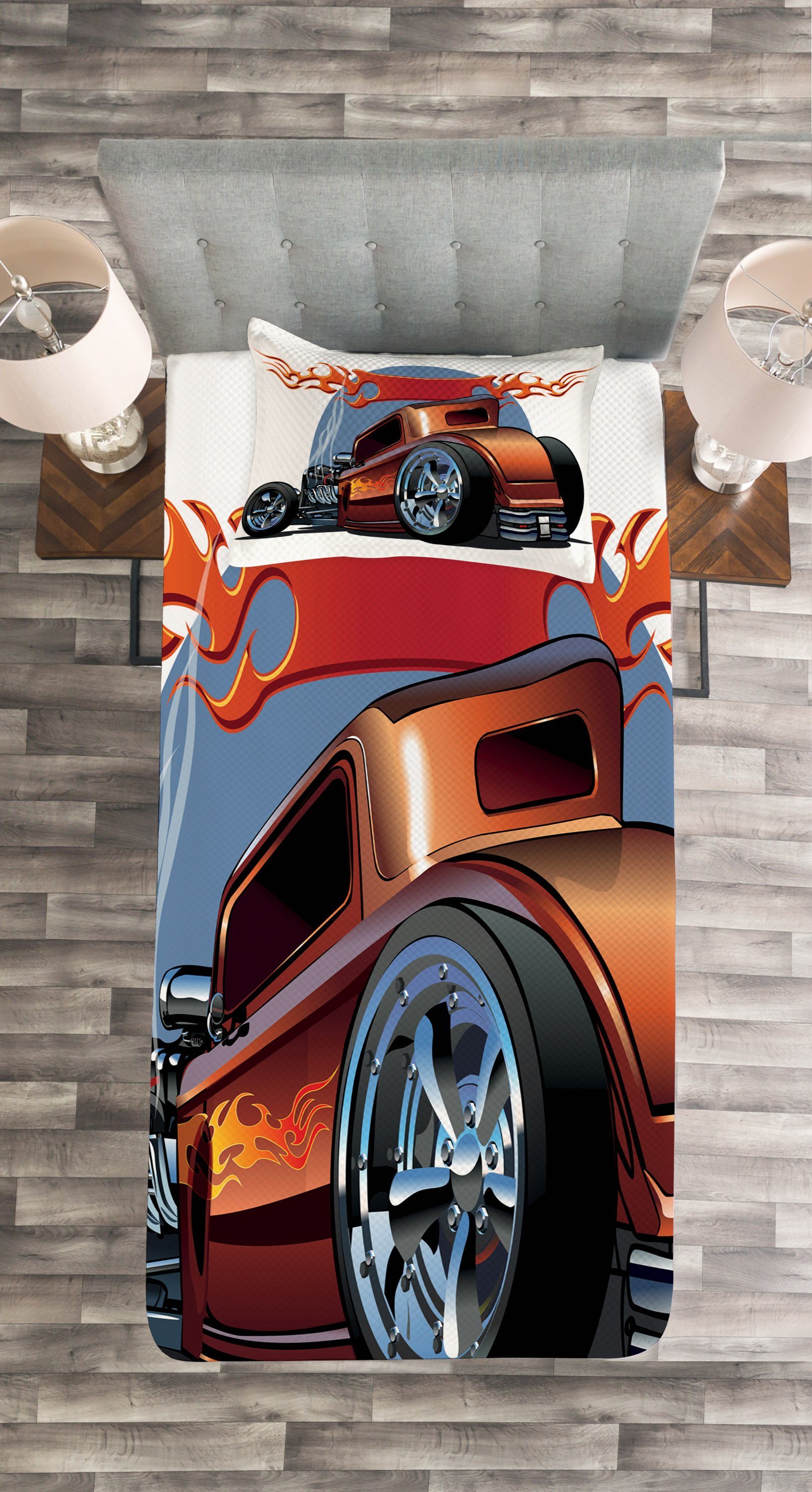 Cartooon Hot Rod-Klassiker Waschbar, mit Autos Kissenbezügen Abakuhaus, Set Tagesdecke