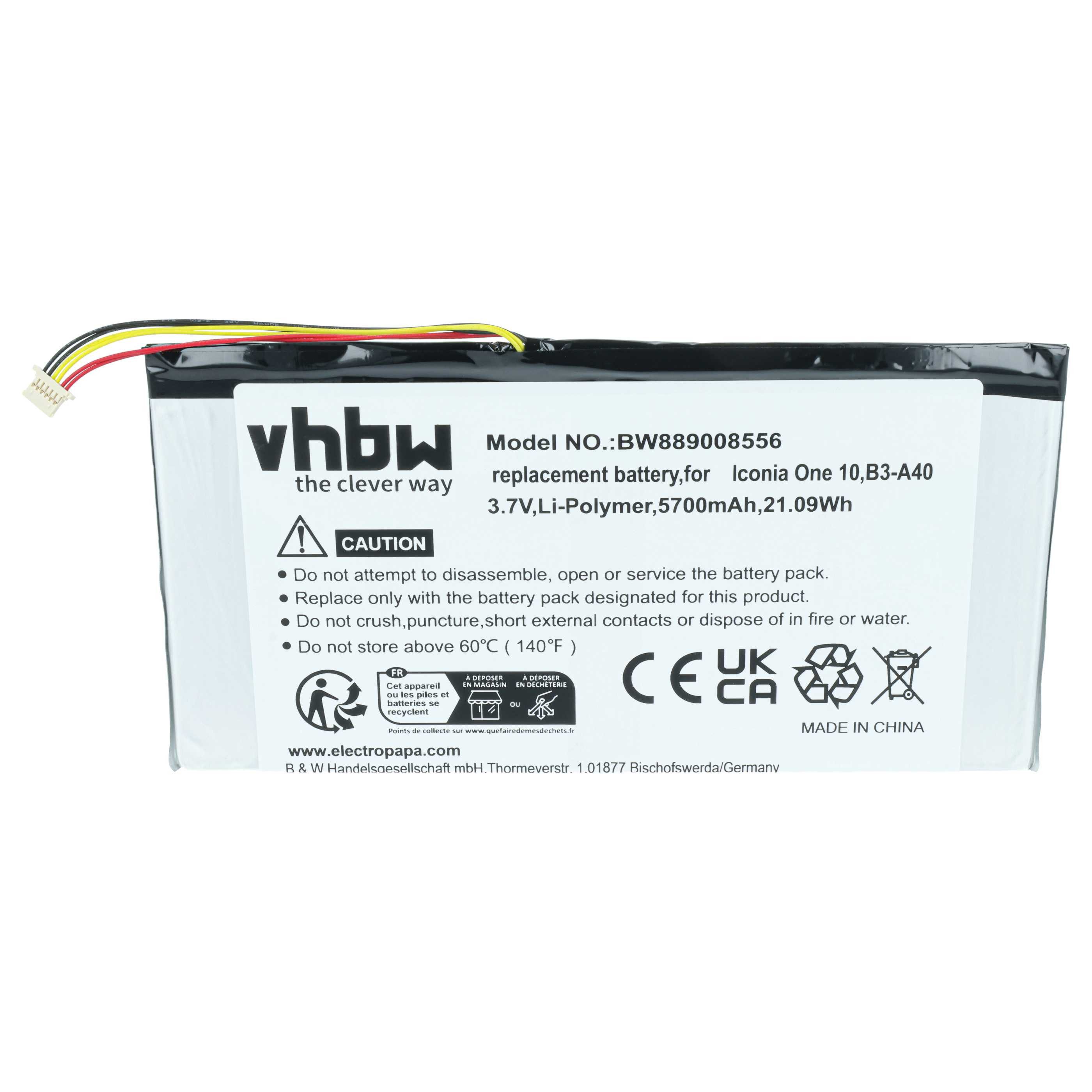 vhbw Akku passend für Acer Iconia One 10 B3-A40 Tablet (5700 mAh, 3,7 V, Tablet-Akku Akku Li-Polymer 5700 mAh (3,7 V, 1 St), Leistungsfähiger Austausch-Akku für Ihren Tablet-Computer