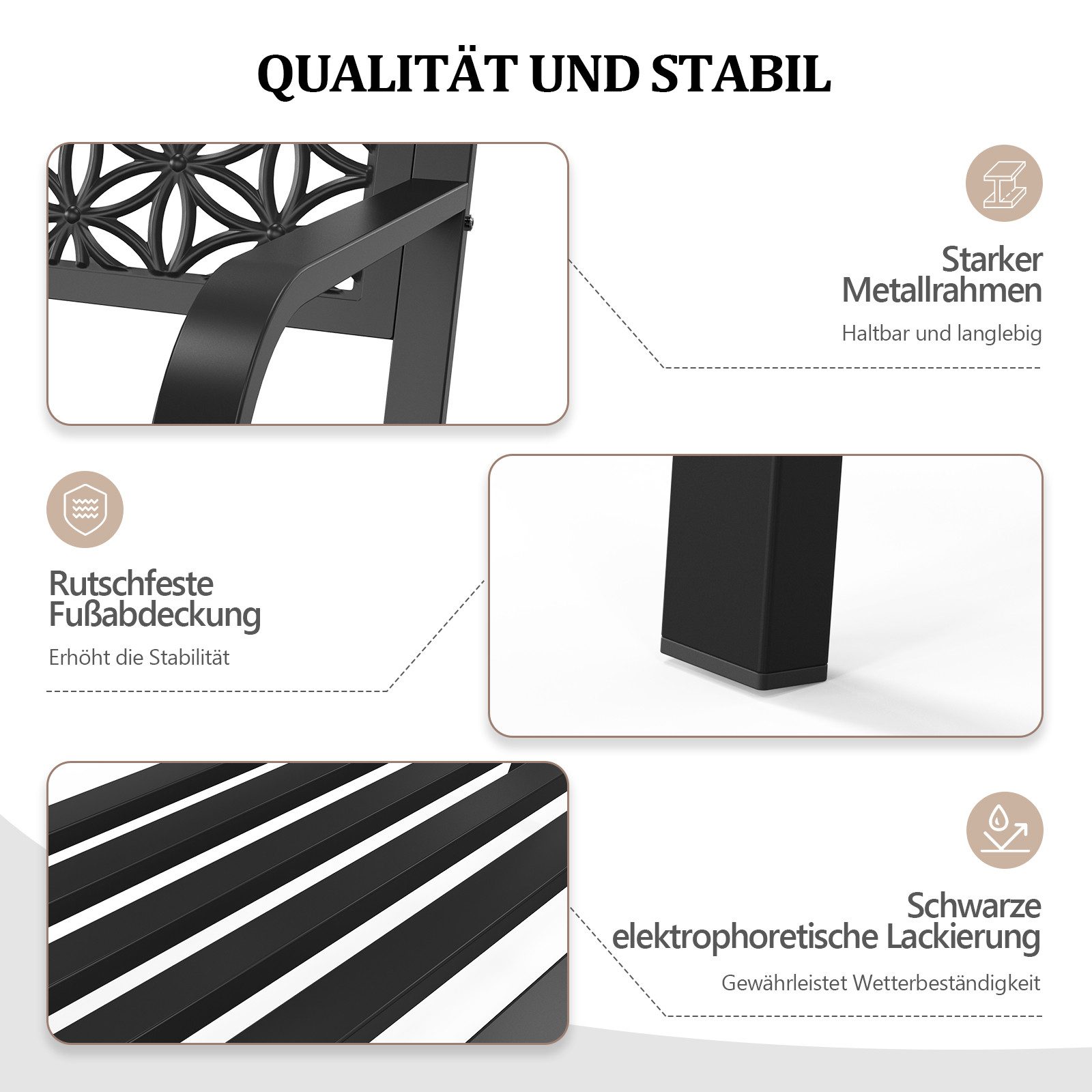 Bonnlo Gartenbank mit Rückenlehne, Metall Retro-Stil, 2-3 Sitzer, Schwarz (1-St), Wetterfest und rostbeständig – Bild 5 von 5