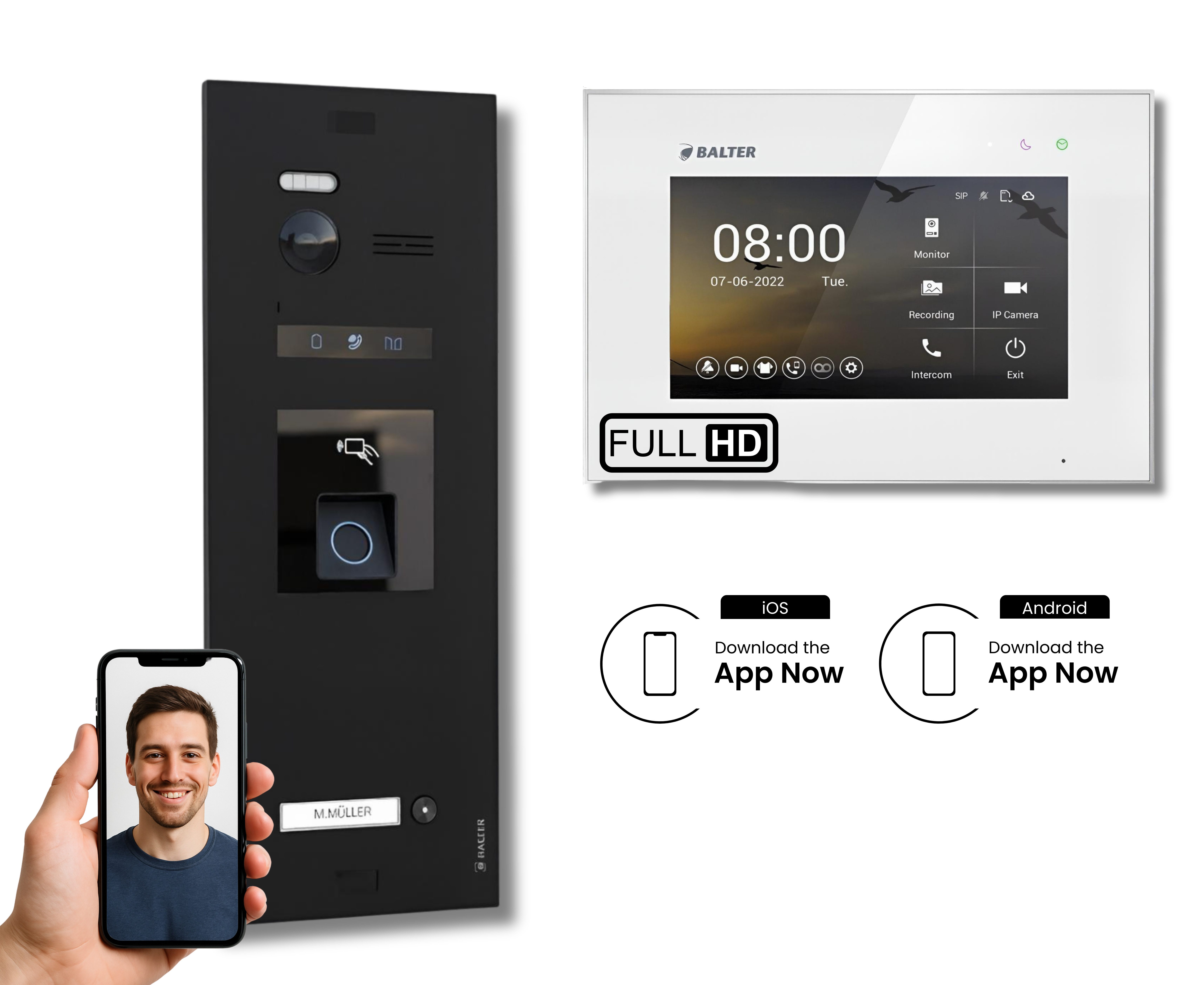 Balter Video-Türsprechanlage BALTER HD WLAN Türsprechanlage FP/RFID EVO 1-Familienhaus Schwarz Weiß (Set, 1-Familienhaus, Komplettset, Full HD 175° Kamera, Fingerprint, RFID)