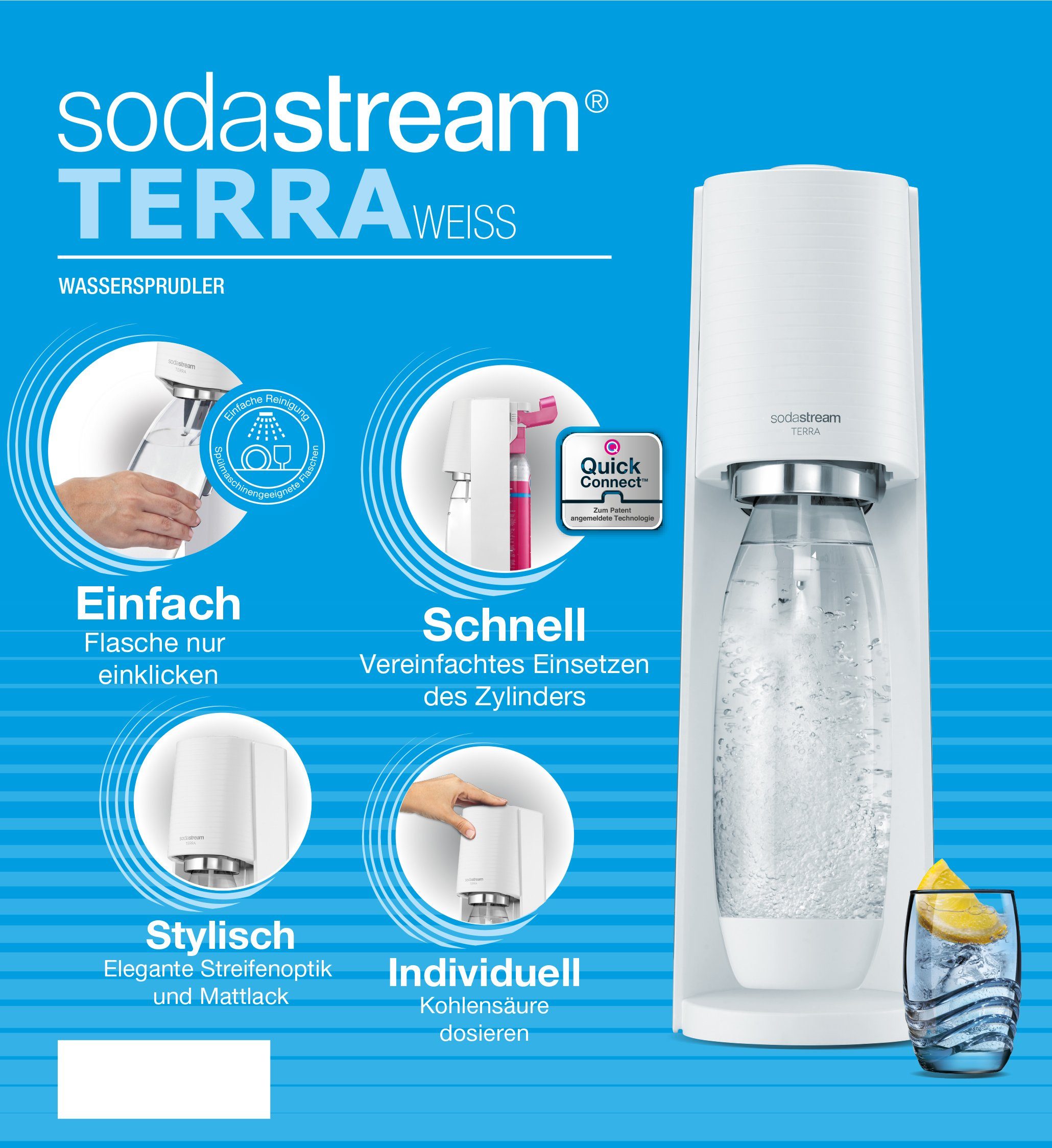 &CO2-Zylinder,1L, 0,5 TERRA weiß Wassersprudler SodaStream LKunststoff-Flasche Vorteilspack,