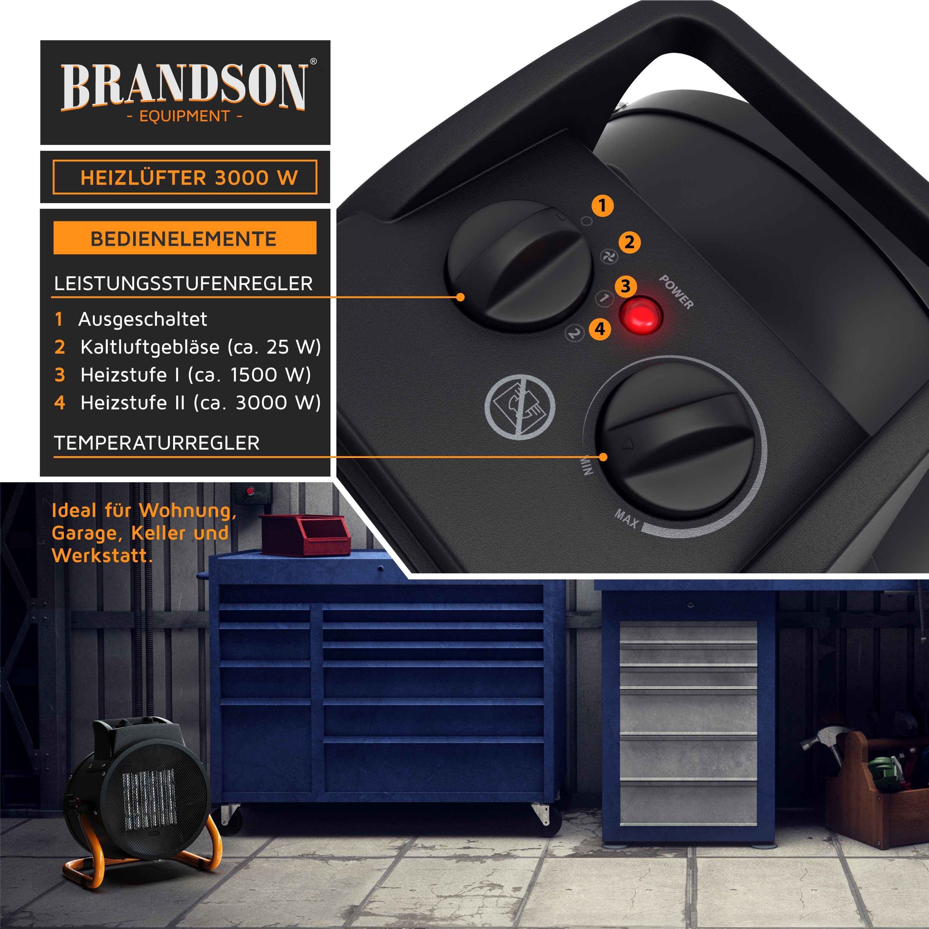 Brandson W, 3000 Keramikheizlüfter, 3 kW Heizgebläse Baustellen / Heizlüfter - Elektroheizgebläse Keramik schwarz/orange