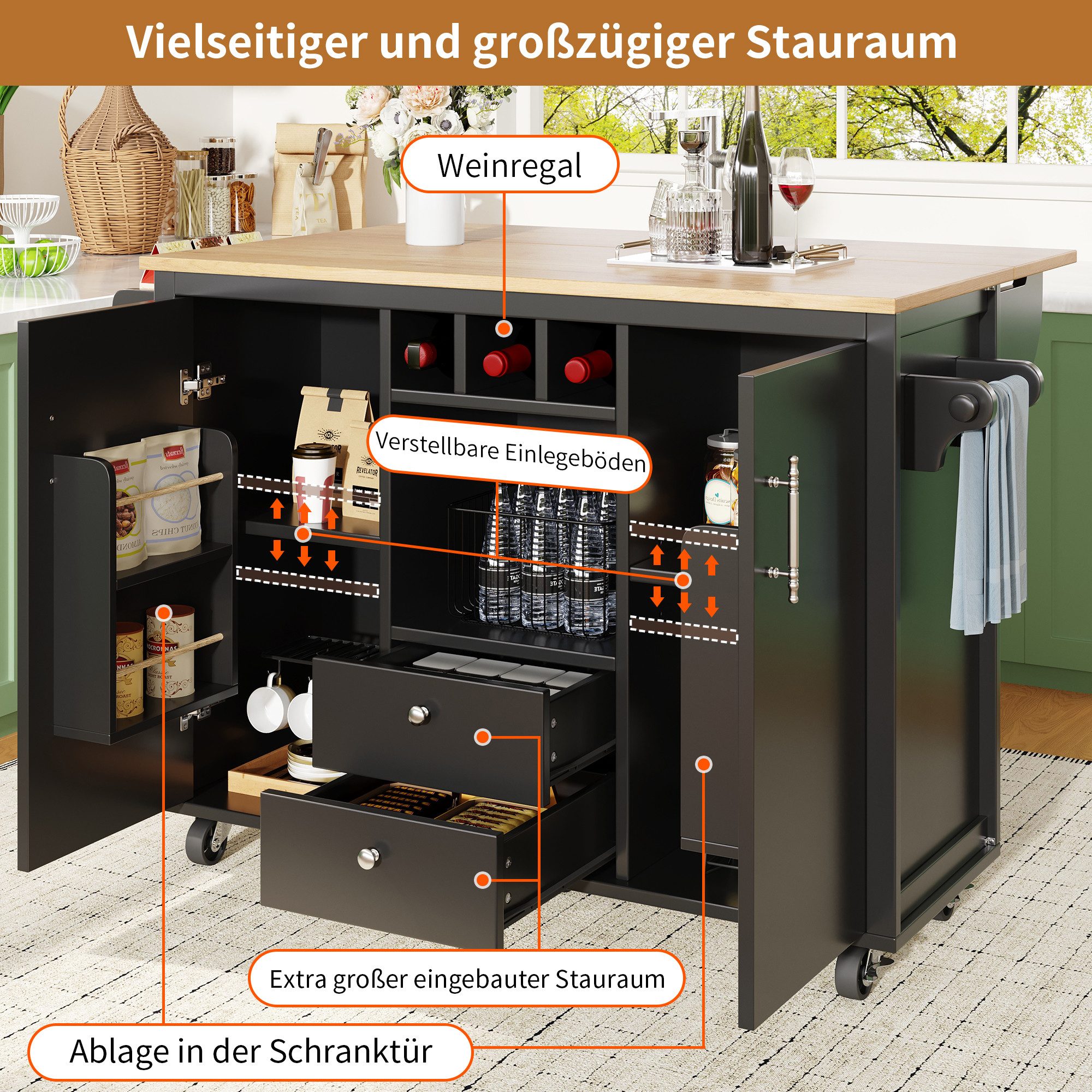 i@home Küchenwagen Kücheninsel, Buffetschrank,Küchenschrank, mit Handtuchhalter und Mehrzweckregal, weiß/schwarz