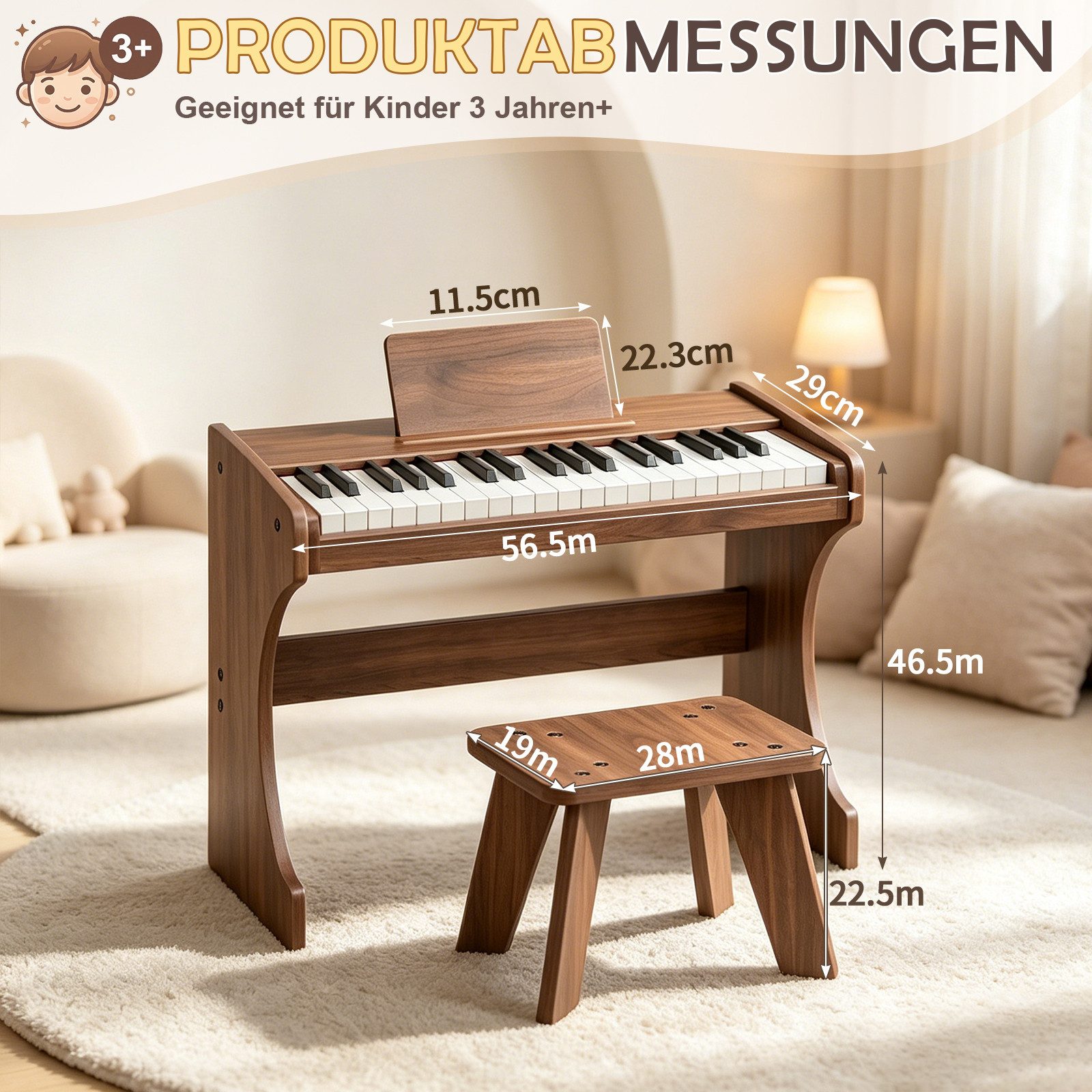 LALAHO Digitalpiano Kinder E-Piano 37 Tasten Kinder Klavier Komplett Set, Kinder-Keyboard,Kinderklavier aus Holz für ab 3 Jahren