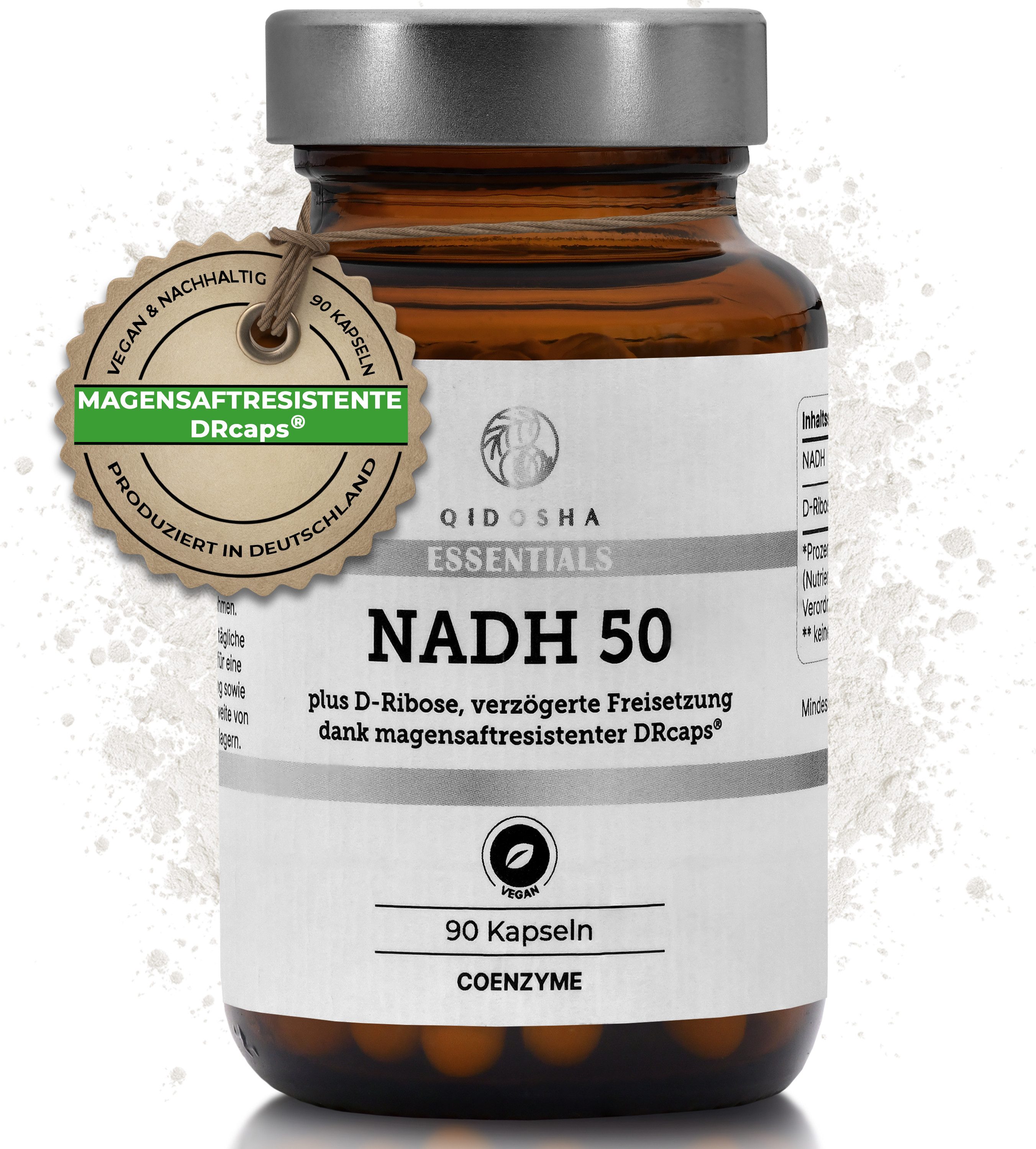 QIDOSHA NADH plus D-Ribose Kapseln, 90 Stk im Apothekerglas, in magensaftresistenten DRcaps® mit verzögerter Freisetzung, NADH hochdosiert à 90 St., 58.6 g