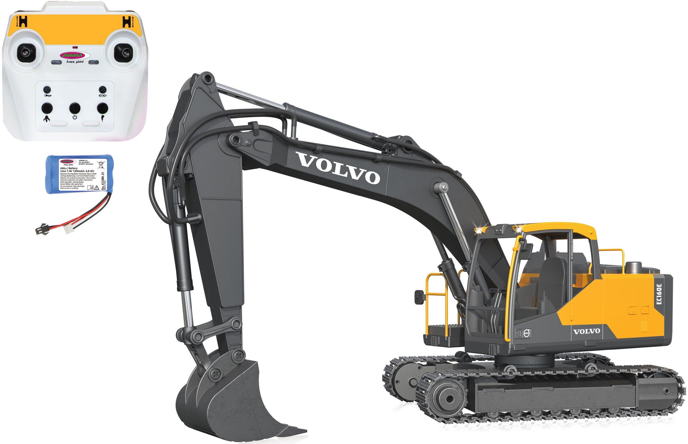 Jamara RC-Bagger Volvo EC160E Metal 1:16 2,4 GHz Destruction-Set, mit Motorsound, LED-Licht und Anbaugeräten, offiziell lizenziert