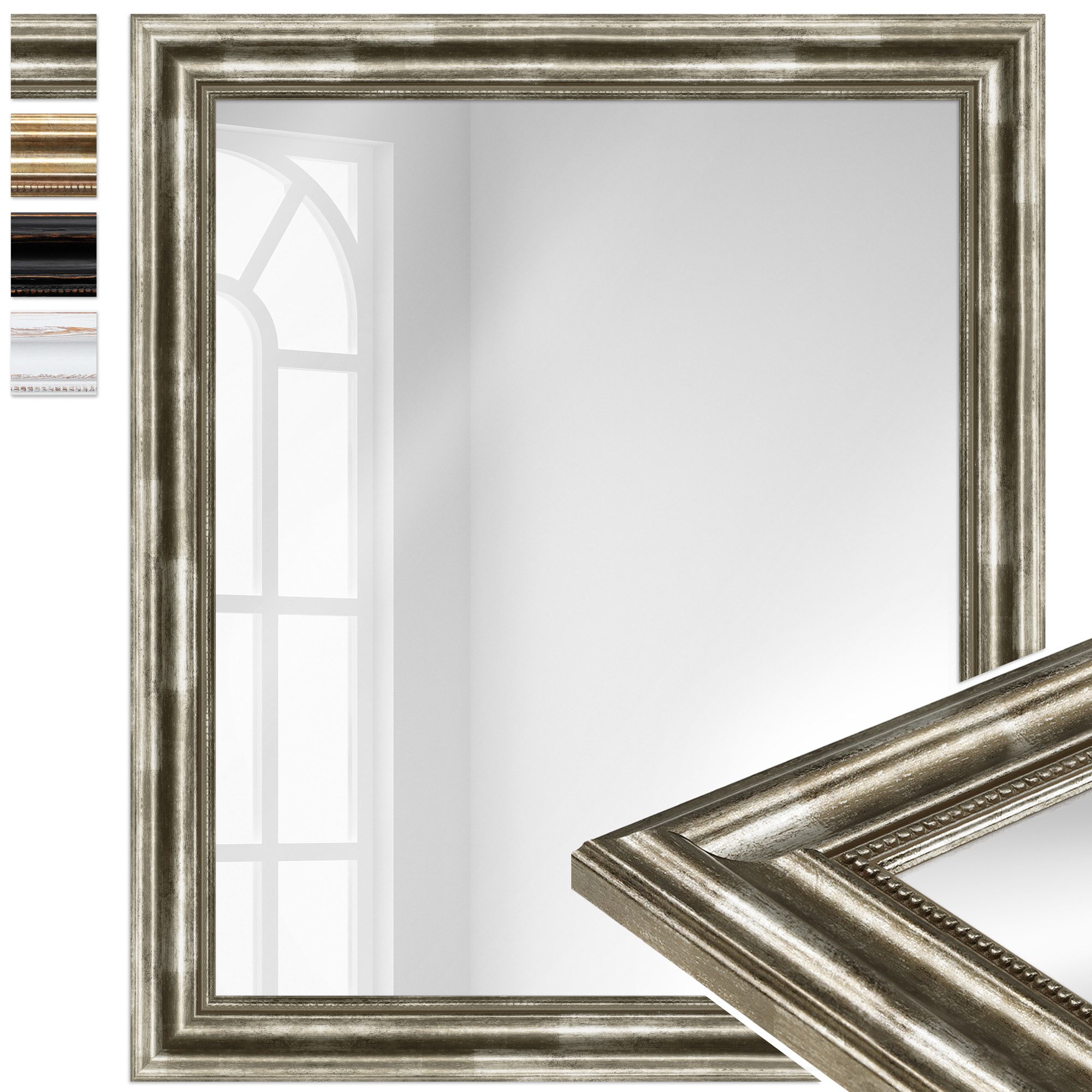 WANDStyle Wandspiegel H550, Vintage Spiegel Silber 60x70 cm, großer Wandspiegel Silber 60x70 Holz