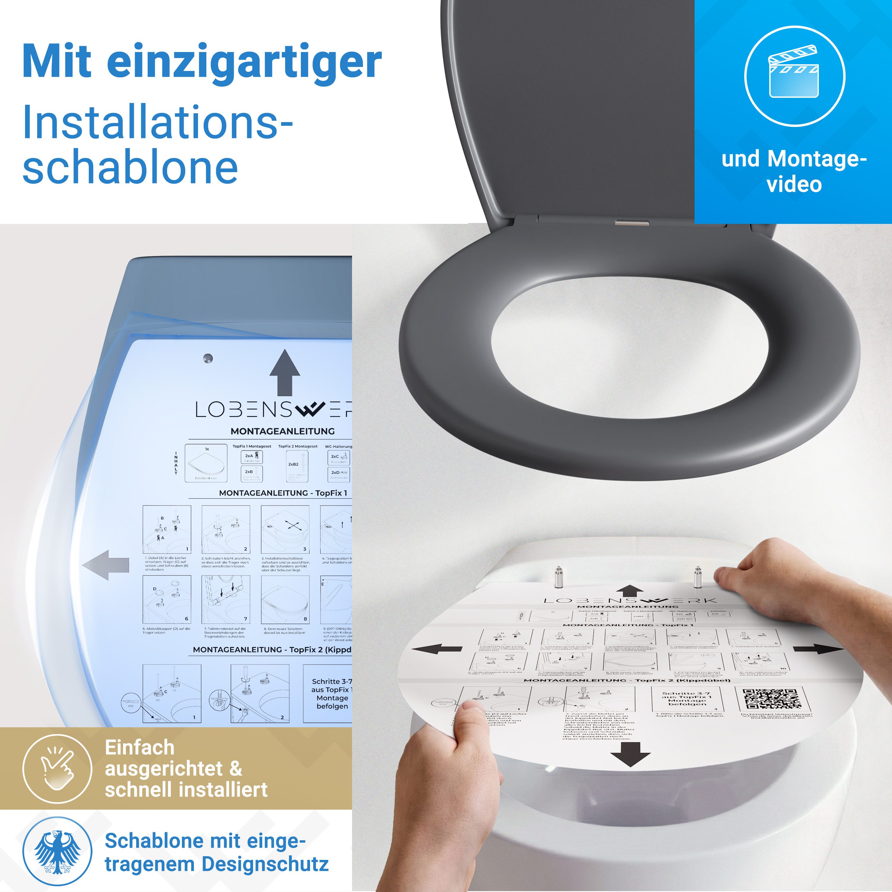 Lobenswerk WC-Sitz Toilettendeckel mit Absenkautomatik, Klodeckel, Klobrille, SoftClose, antibakteriell, UV-beständig, inkl. Installationsschablone