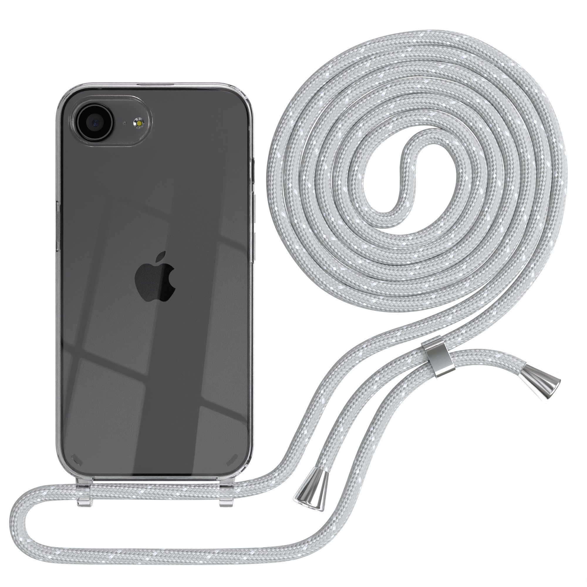 EAZY CASE Handykette Hülle mit Kette für Apple iPhone 16e 6,1 Zoll, Umhängeband mit Backcover Etui Schutzhülle Hülle Case Hellgrau Weiß